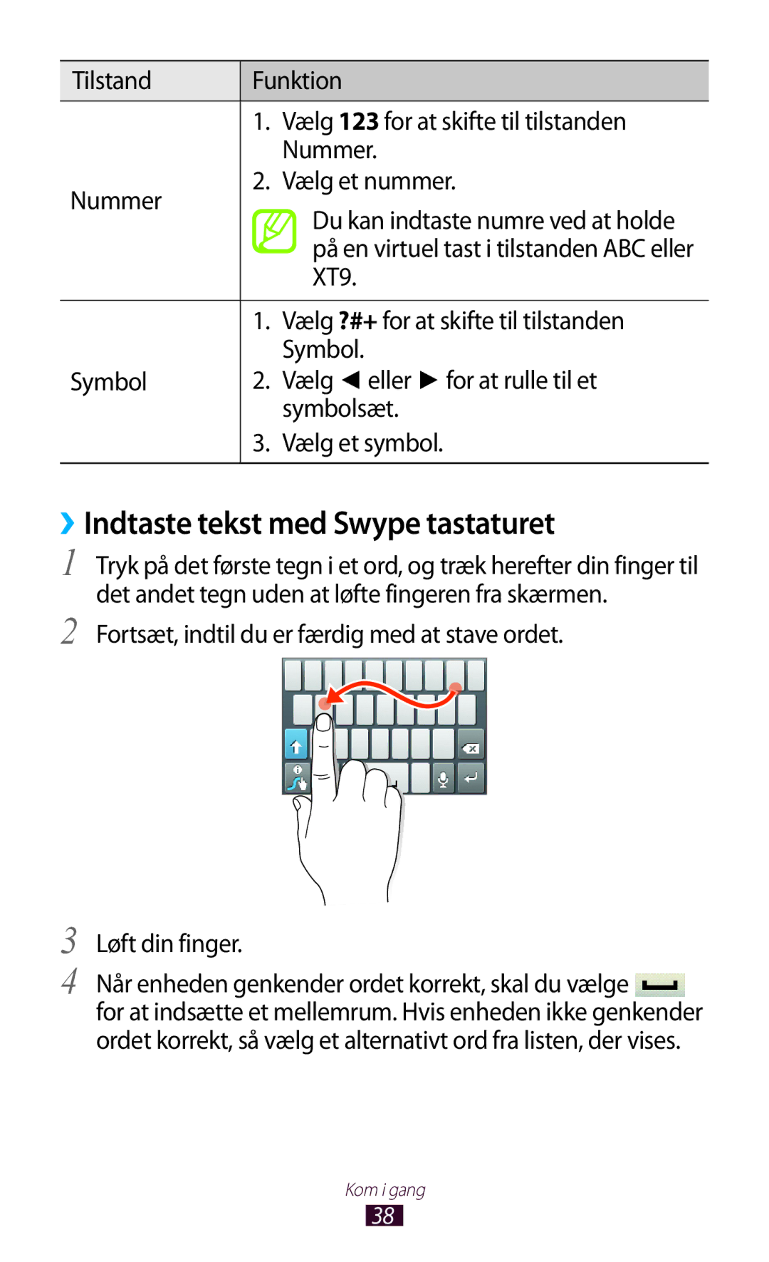 Samsung GT-S5300ZKANEE manual ››Indtaste tekst med Swype tastaturet, XT9, Vælg ?#+ for at skifte til tilstanden, Symbol 