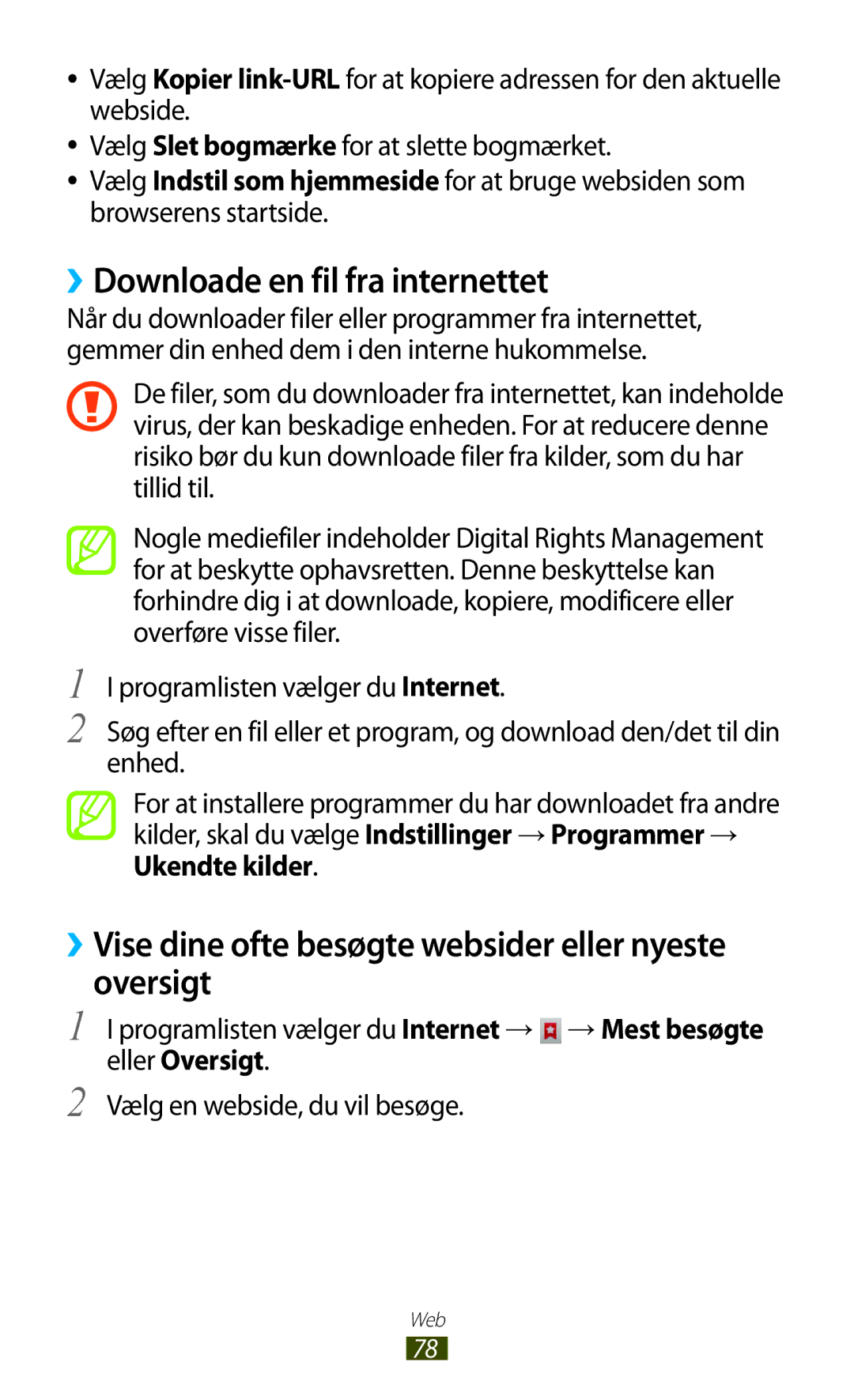 Samsung GT-S5300ZKANEE manual ››Downloade en fil fra internettet, ››Vise dine ofte besøgte websider eller nyeste oversigt 