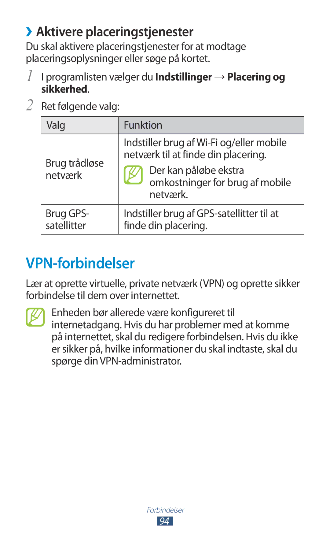 Samsung GT-S5300ZWANEE, GT-S5300ZIANEE, GT-S5300ZYANEE manual VPN-forbindelser, ››Aktivere placeringstjenester, Netværk 