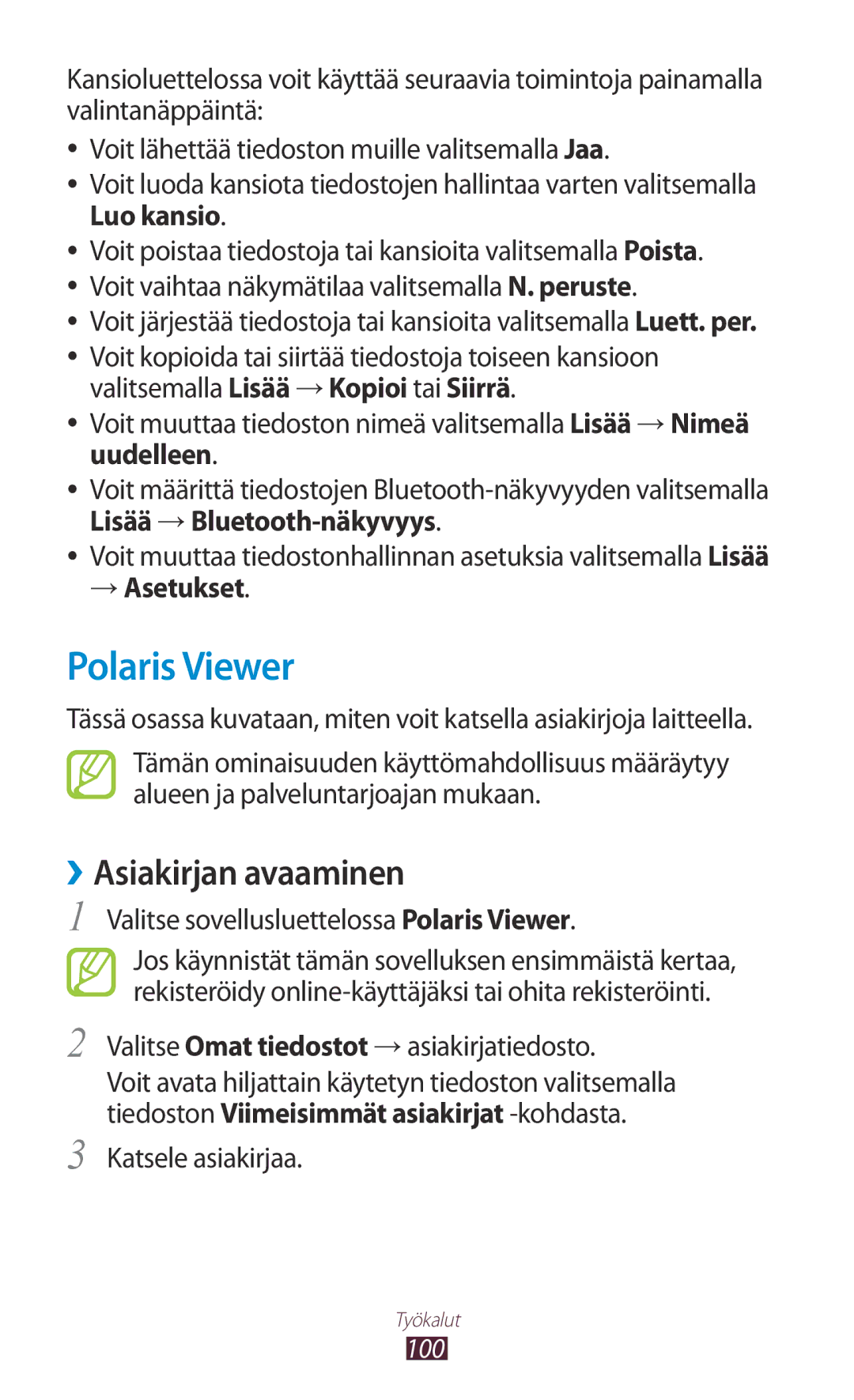 Samsung GT-S5300ZIANEE, GT-S5300ZYANEE Polaris Viewer, ››Asiakirjan avaaminen, Lisää → Bluetooth-näkyvyys, → Asetukset 