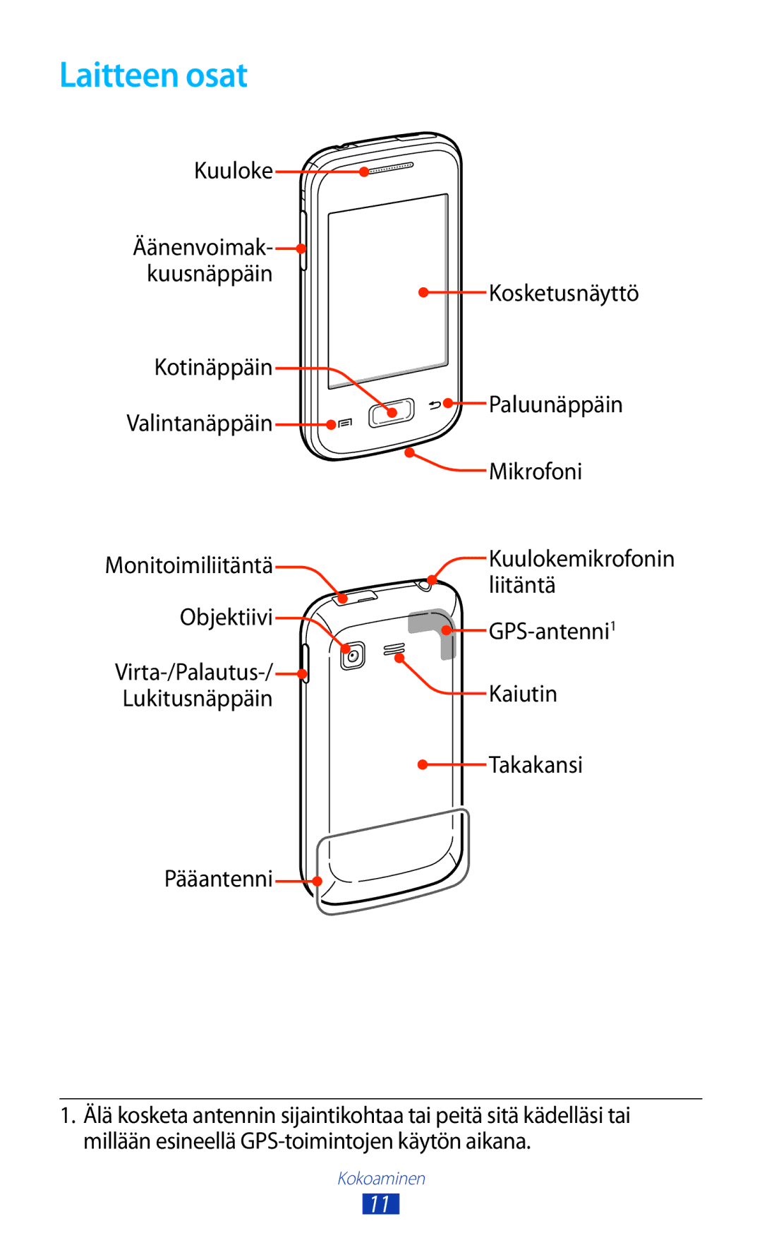 Samsung GT-S5300ZYANEE, GT-S5300ZIANEE, GT-S5300ZOANEE, GT-S5300ZKANEE, GT-S5300ZWANEE manual Laitteen osat, Pääantenni 