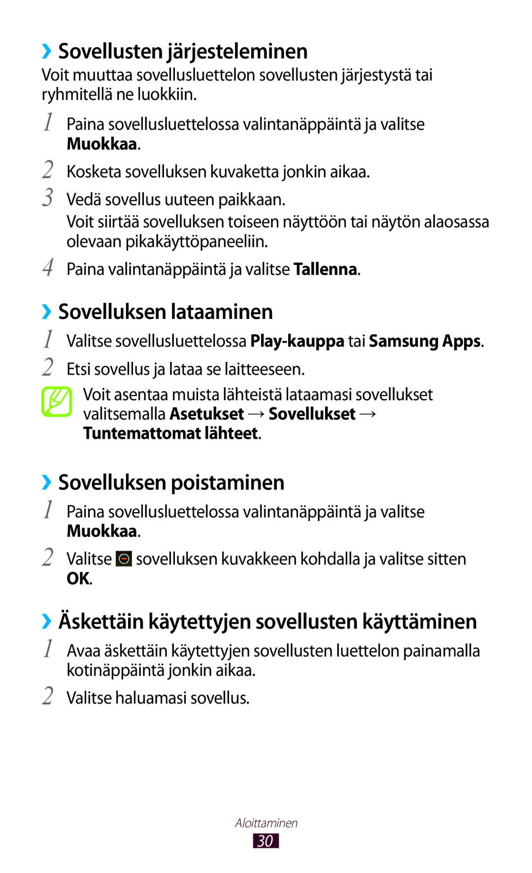 Samsung GT-S5300ZIANEE manual ››Sovellusten järjesteleminen, ››Sovelluksen lataaminen, ››Sovelluksen poistaminen, Muokkaa 