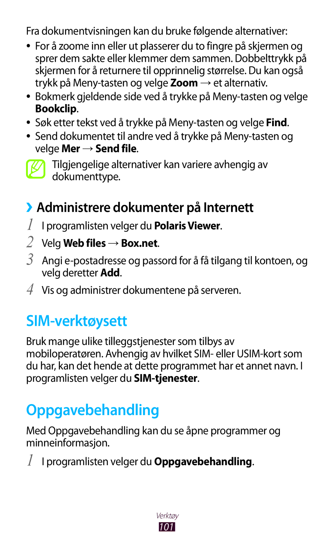 Samsung GT-S5300ZYANEE, GT-S5300ZIANEE manual SIM-verktøysett, Oppgavebehandling, ››Administrere dokumenter på Internett 