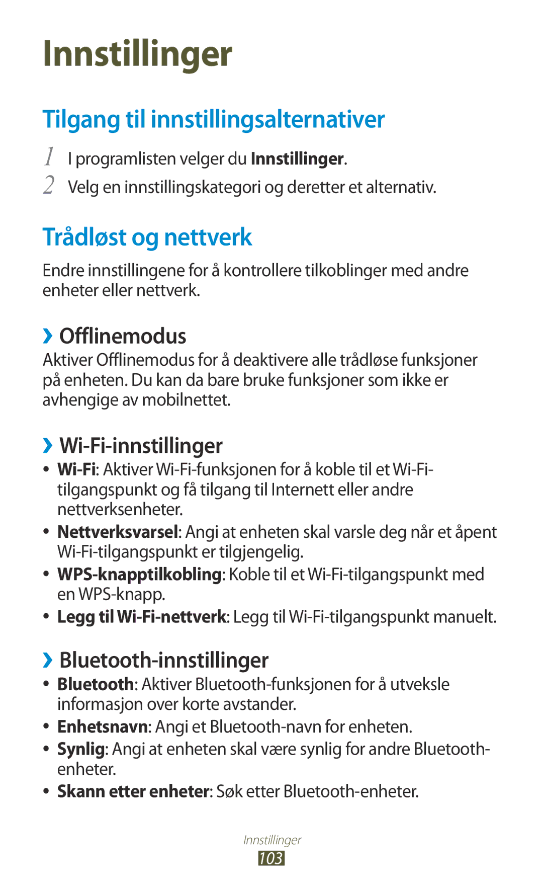 Samsung GT-S5300ZKANEE Tilgang til innstillingsalternativer, Trådløst og nettverk, ››Offlinemodus, ››Wi-Fi-innstillinger 