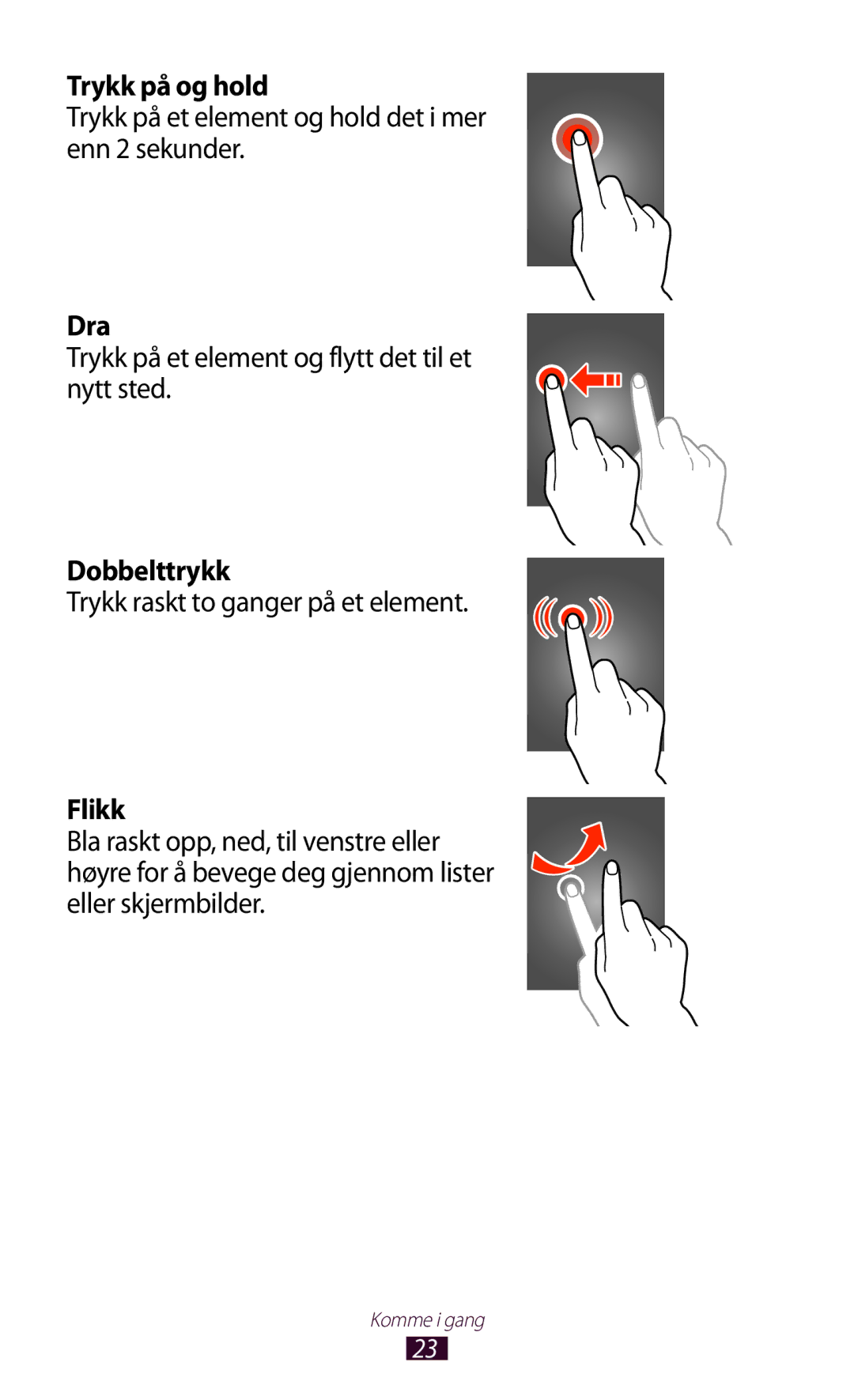 Samsung GT-S5300ZKANEE, GT-S5300ZIANEE, GT-S5300ZYANEE, GT-S5300ZOANEE manual Trykk på og hold, Dra, Dobbelttrykk, Flikk 