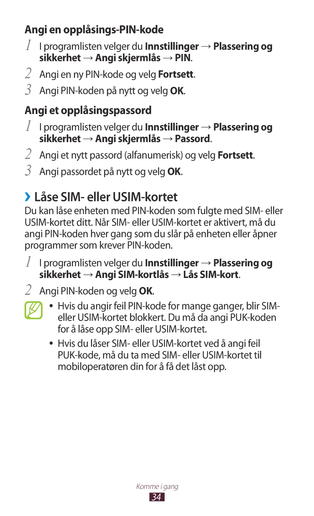 Samsung GT-S5300ZWANEE, GT-S5300ZIANEE, GT-S5300ZYANEE manual ››Låse SIM- eller USIM-kortet, Angi PIN-koden og velg OK 