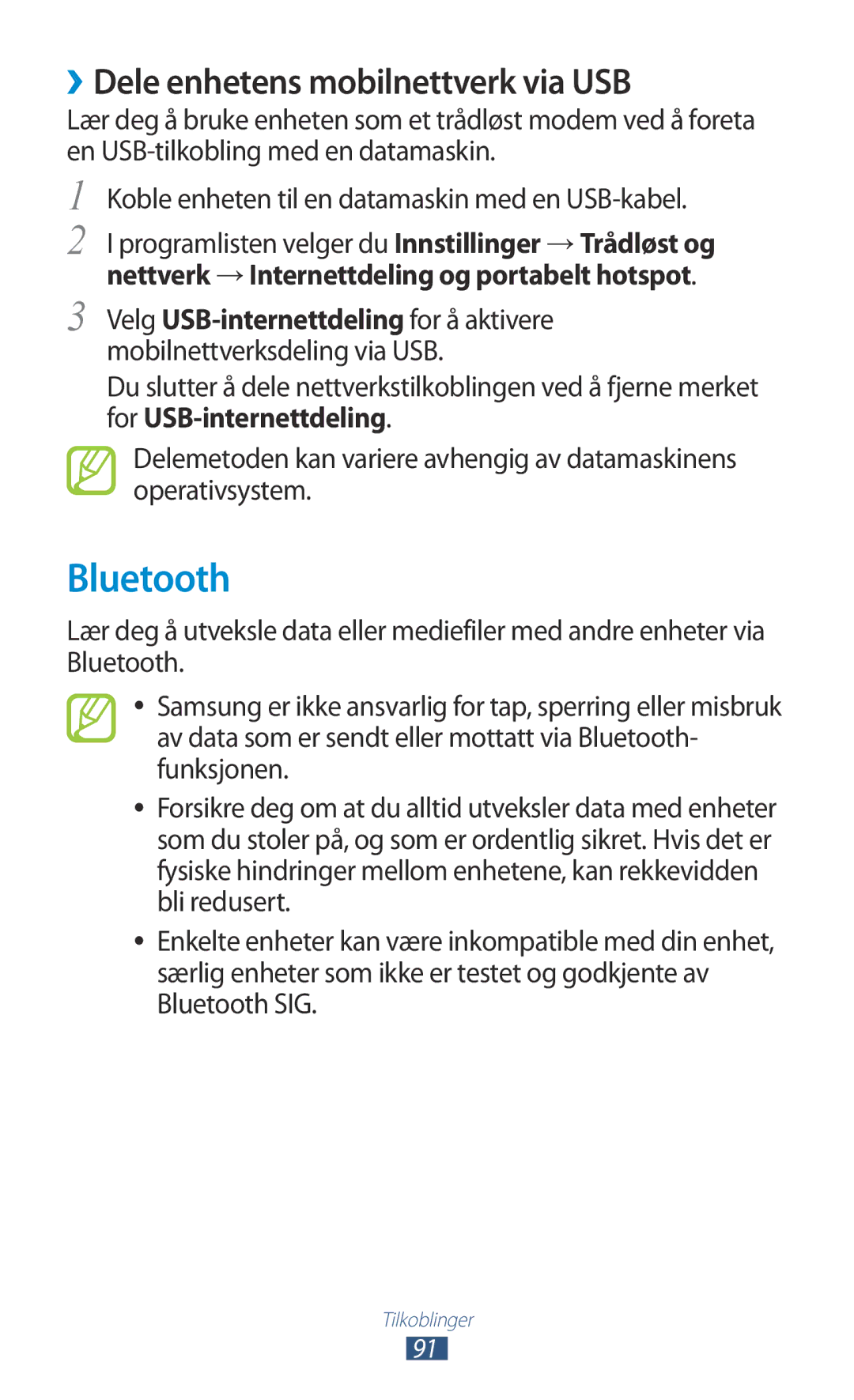 Samsung GT-S5300ZYANEE, GT-S5300ZIANEE, GT-S5300ZOANEE, GT-S5300ZKANEE manual Bluetooth, ››Dele enhetens mobilnettverk via USB 