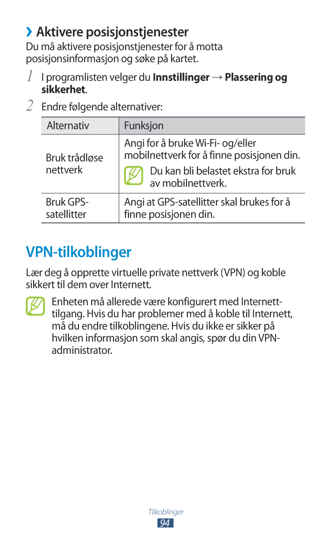 Samsung GT-S5300ZWANEE, GT-S5300ZIANEE, GT-S5300ZYANEE, GT-S5300ZOANEE manual VPN-tilkoblinger, ››Aktivere posisjonstjenester 