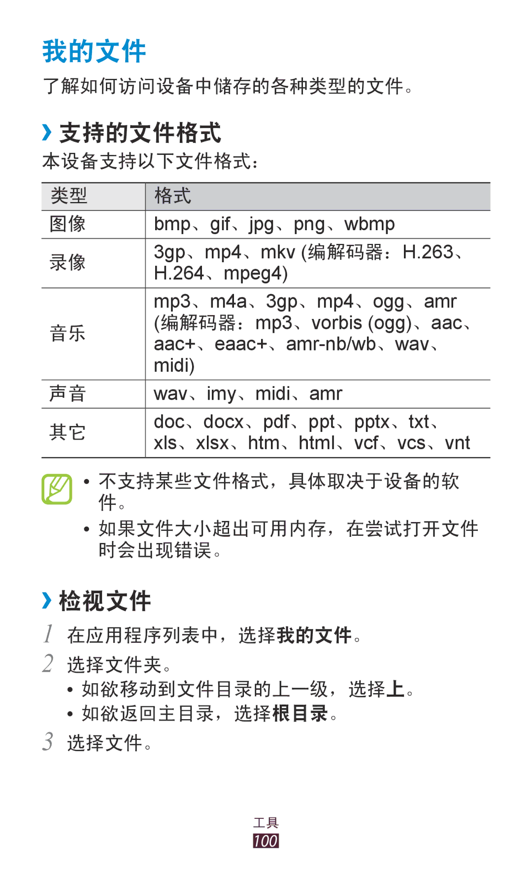 Samsung GT-S5300ZWAXEV, GT-S5300ZIAXXV, GT-S5300ZKAXXV, GT-S5300ZOAXXV, GT-S5300ZKAXEV, GT-S5300ZWAXXV 我的文件, ››支持的文件格式, ››检视文件 