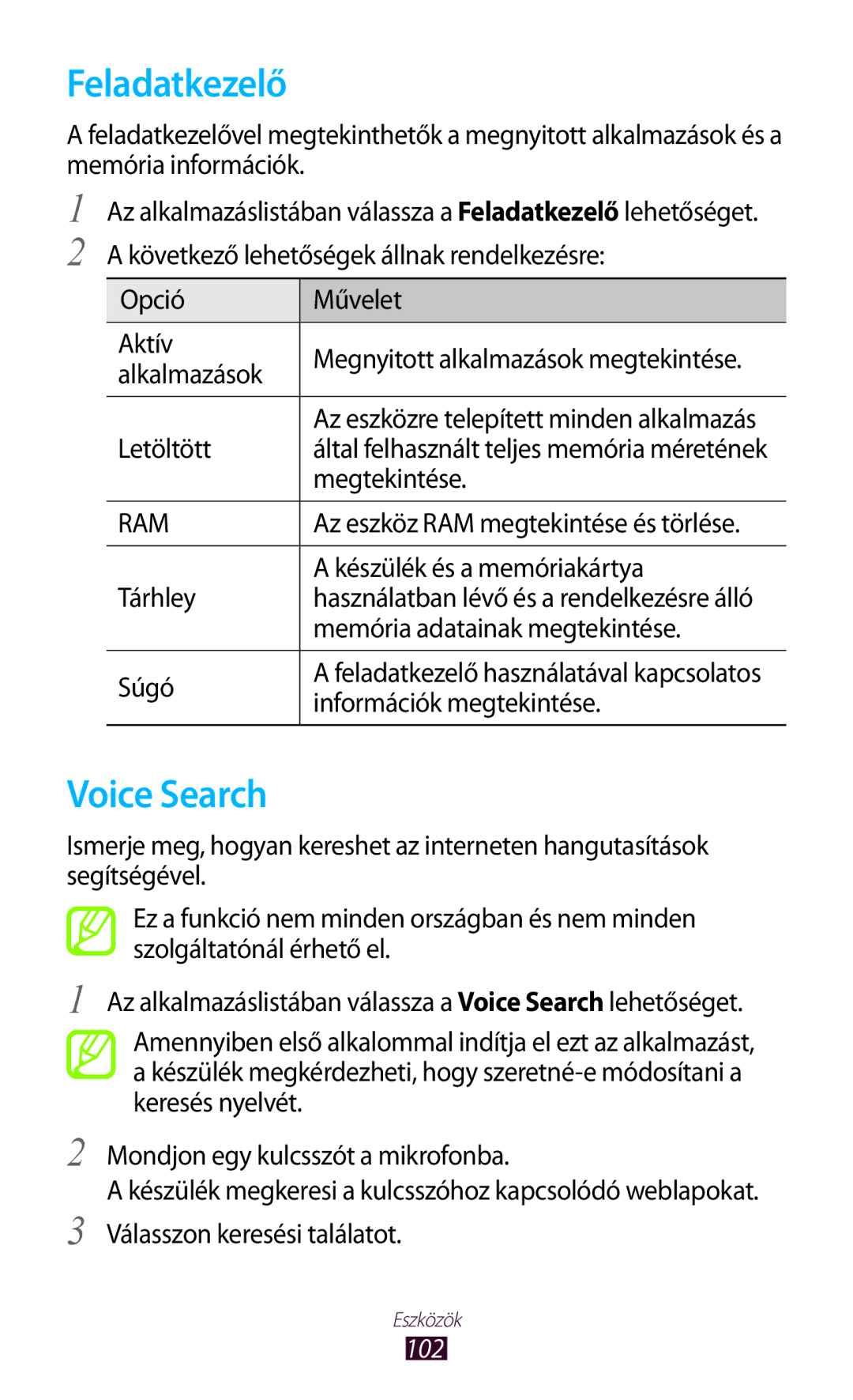 Samsung GT-S5300ZKADBT, GT-S5300ZKAEUR, GT-S5300ZWADBT, GT-S5300ZOAVVT, GT-S5300ZKAVVT manual Feladatkezelő, Voice Search, 102 