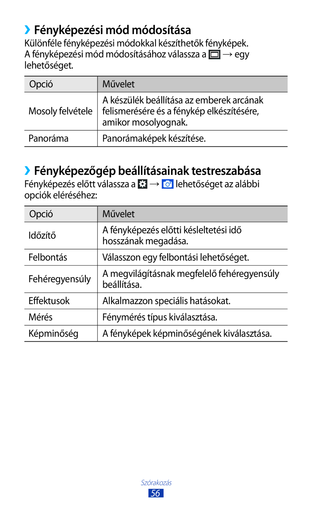 Samsung GT-S5300ZKAORR, GT-S5300ZKAEUR manual ››Fényképezési mód módosítása, ››Fényképezőgép beállításainak testreszabása 
