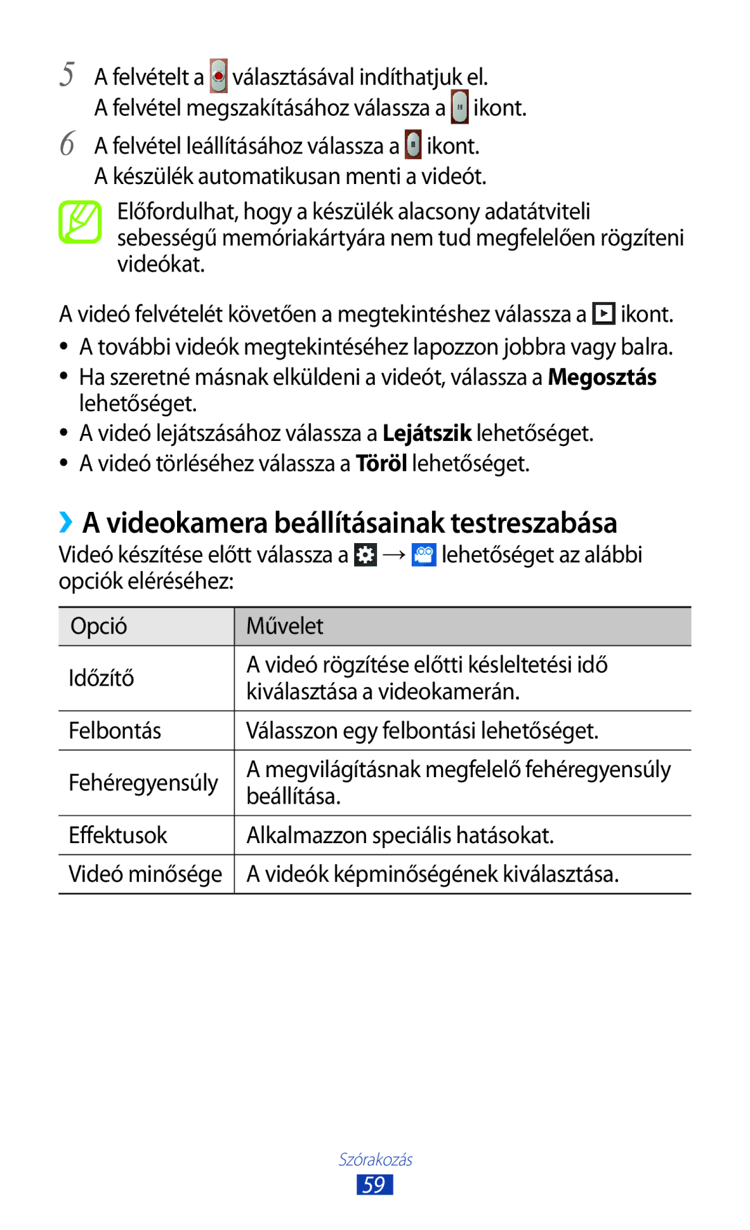 Samsung GT2S5300ZKAXEH manual ››A videokamera beállításainak testreszabása, Effektusok Alkalmazzon speciális hatásokat 