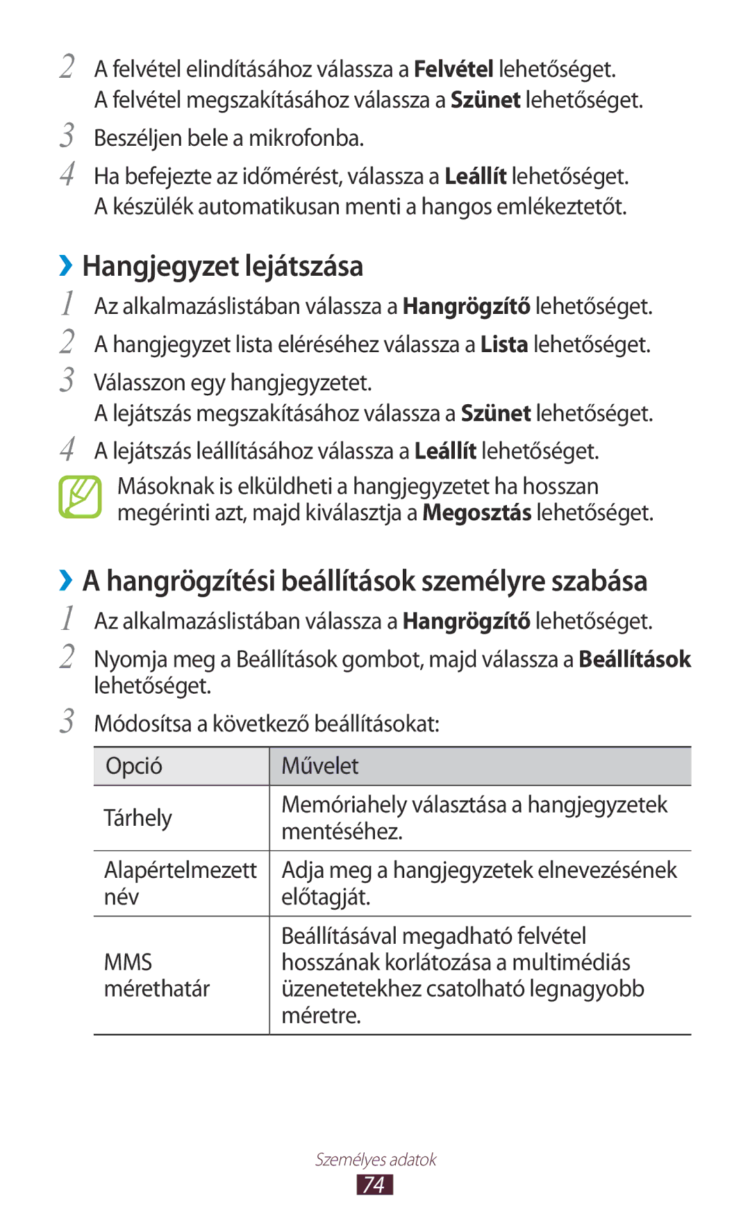 Samsung GT2S5300ZWAXEH, GT-S5300ZKAEUR, GT-S5300ZWADBT, GT-S5300ZKADBT, GT-S5300ZOAVVT manual ››Hangjegyzet lejátszása 