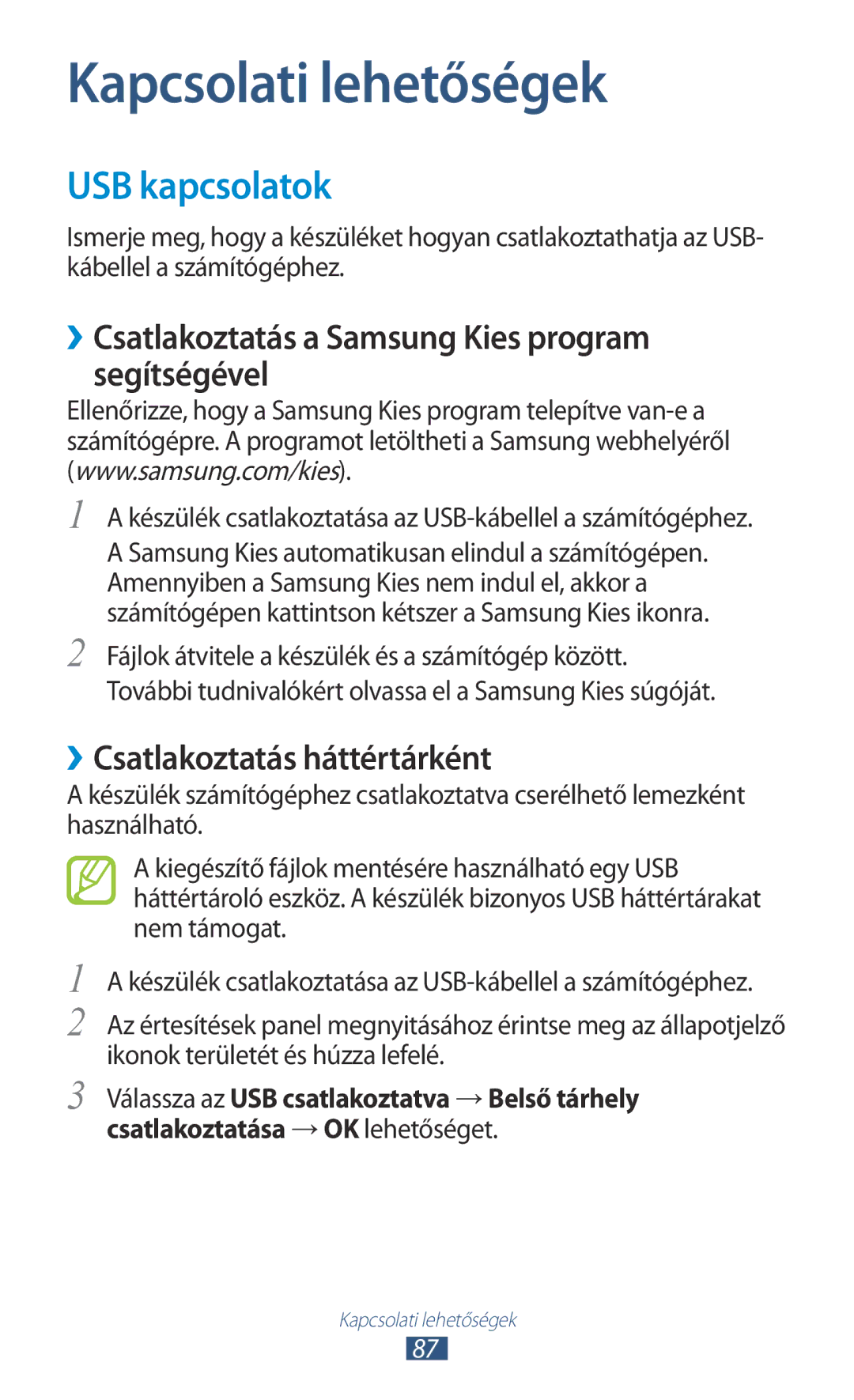 Samsung GT-S5300ZWAO2C, GT-S5300ZKAEUR manual USB kapcsolatok, ››Csatlakoztatás a Samsung Kies program segítségével 