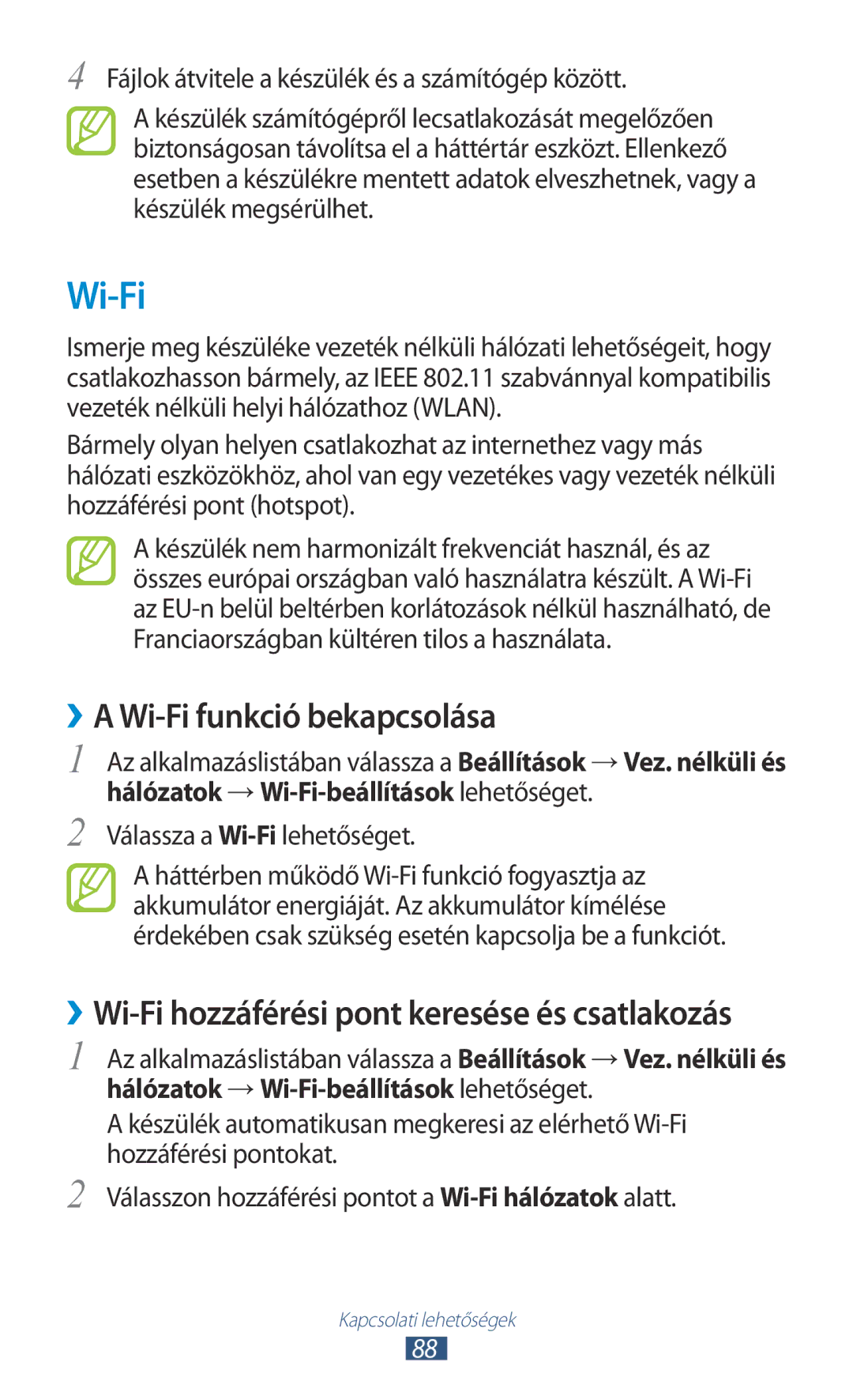 Samsung GT-S5300ZKAXEO, GT-S5300ZKAEUR manual ››A Wi-Fi funkció bekapcsolása, Hálózatok → Wi-Fi-beállítások lehetőséget 