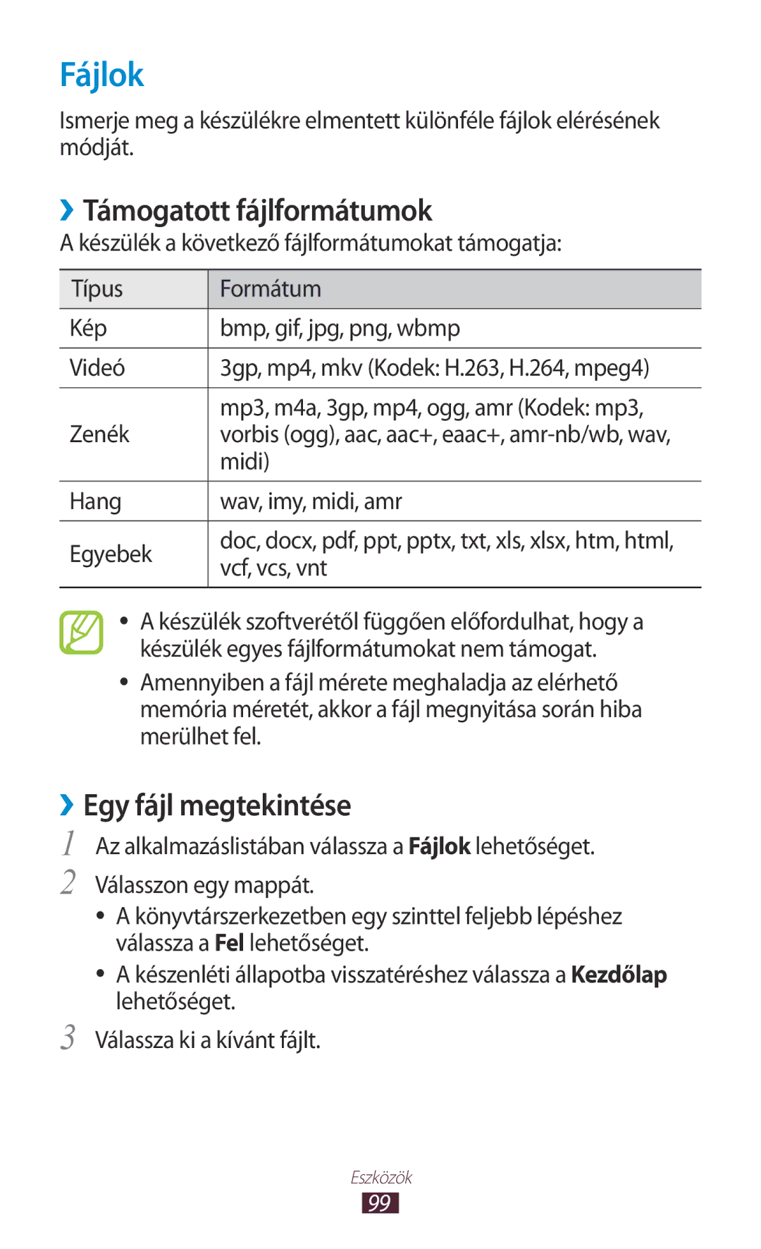 Samsung GT2S5300ZKAXEH, GT-S5300ZKAEUR, GT-S5300ZWADBT manual Fájlok, ››Támogatott fájlformátumok, ››Egy fájl megtekintése 