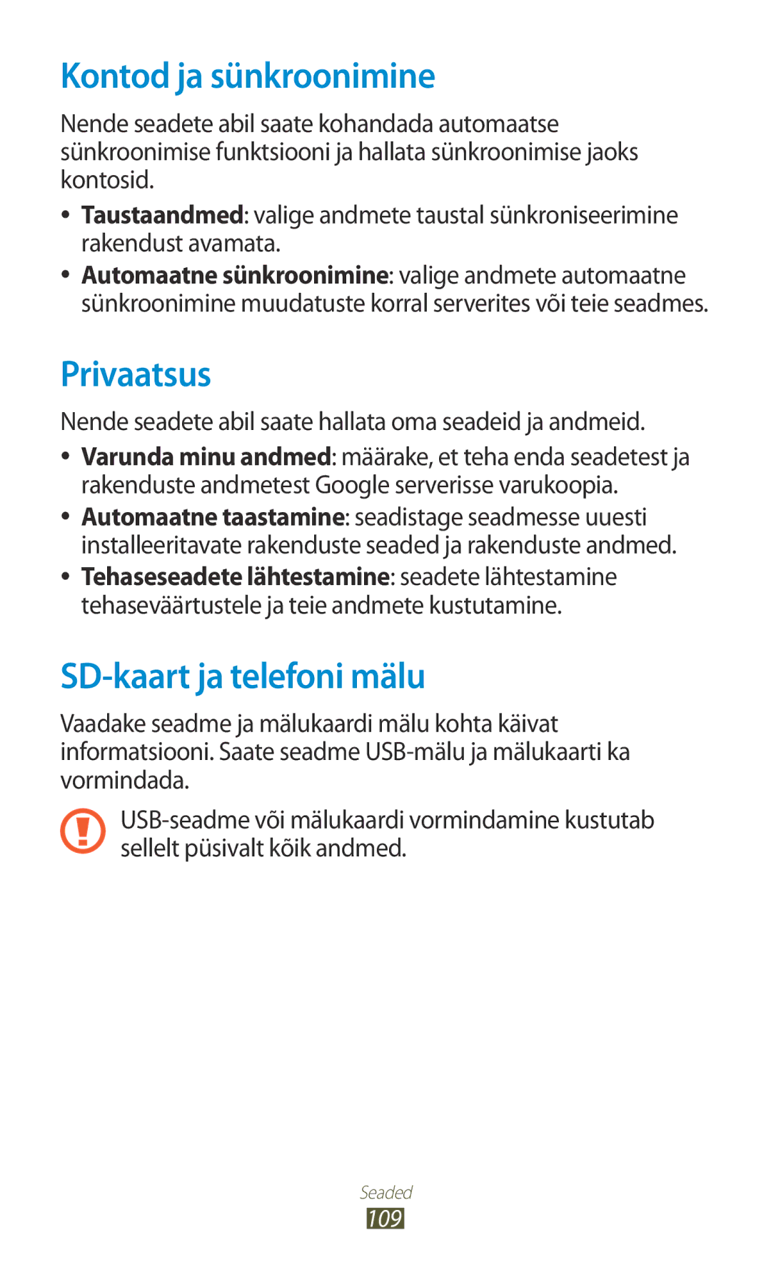 Samsung GT-S5300ZWASEB, GT-S5300ZKASEB manual Kontod ja sünkroonimine, Privaatsus, SD-kaart ja telefoni mälu 