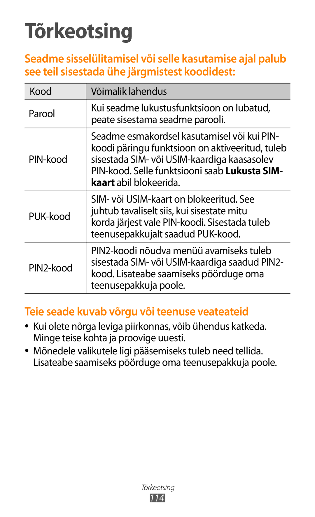 Samsung GT-S5300ZKASEB Kood Võimalik lahendus Parool, Peate sisestama seadme parooli, PIN-kood, Kaart abil blokeerida 