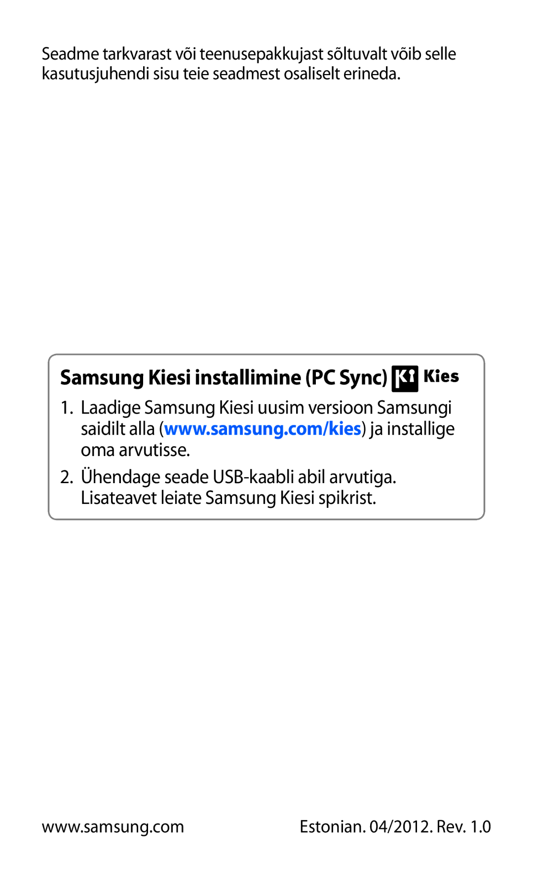 Samsung GT-S5300ZWASEB, GT-S5300ZKASEB manual Samsung Kiesi installimine PC Sync 