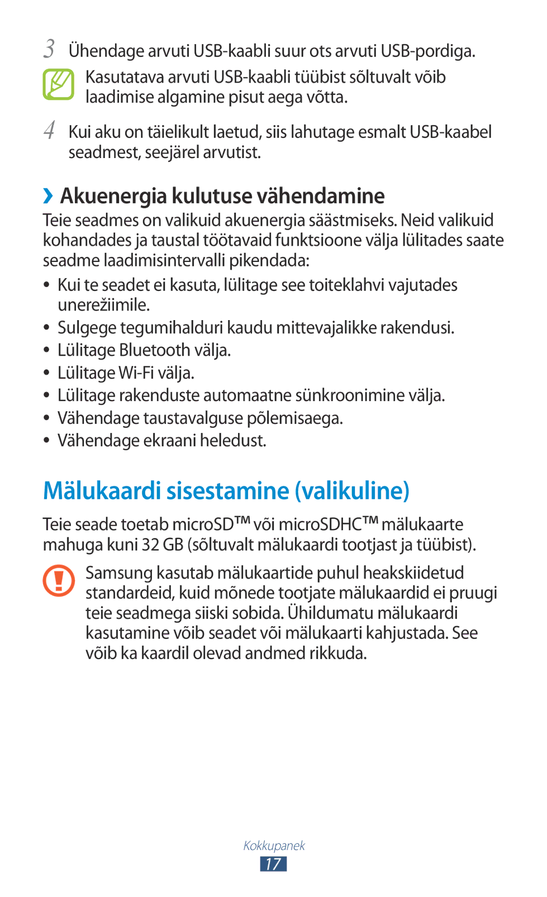 Samsung GT-S5300ZWASEB, GT-S5300ZKASEB manual Mälukaardi sisestamine valikuline, ››Akuenergia kulutuse vähendamine 