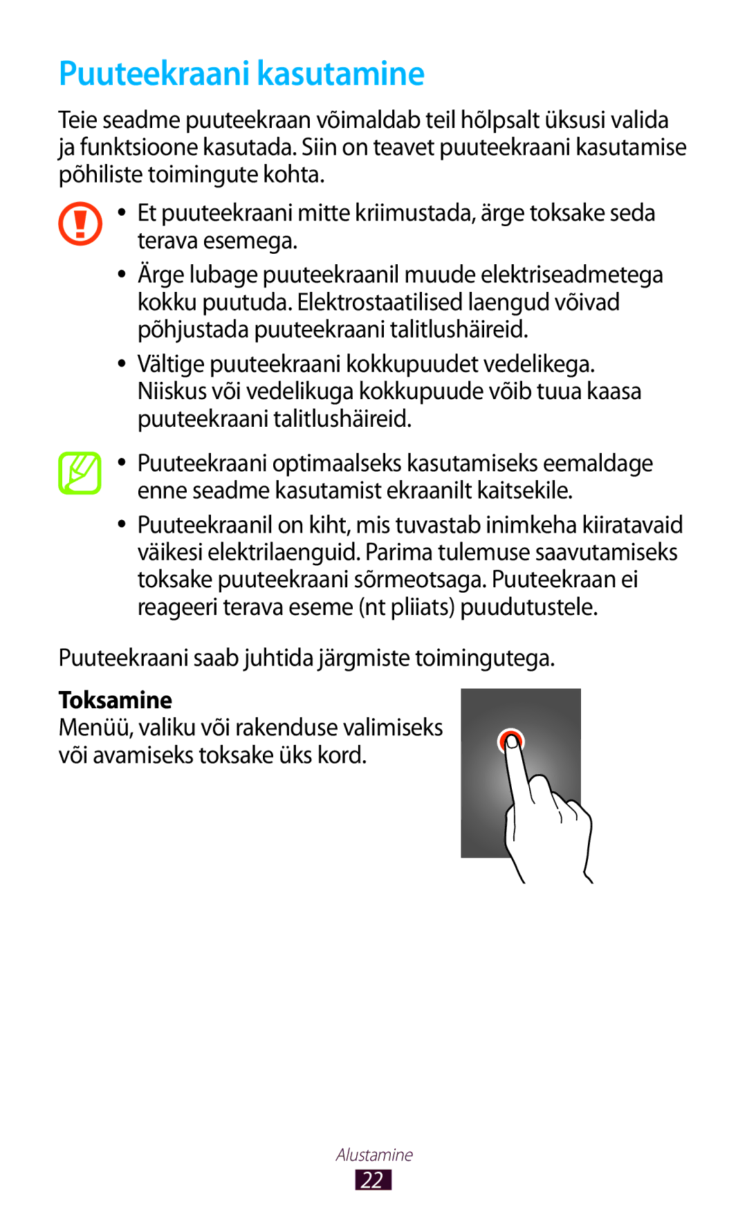 Samsung GT-S5300ZKASEB manual Puuteekraani kasutamine, Puuteekraani saab juhtida järgmiste toimingutega, Toksamine 