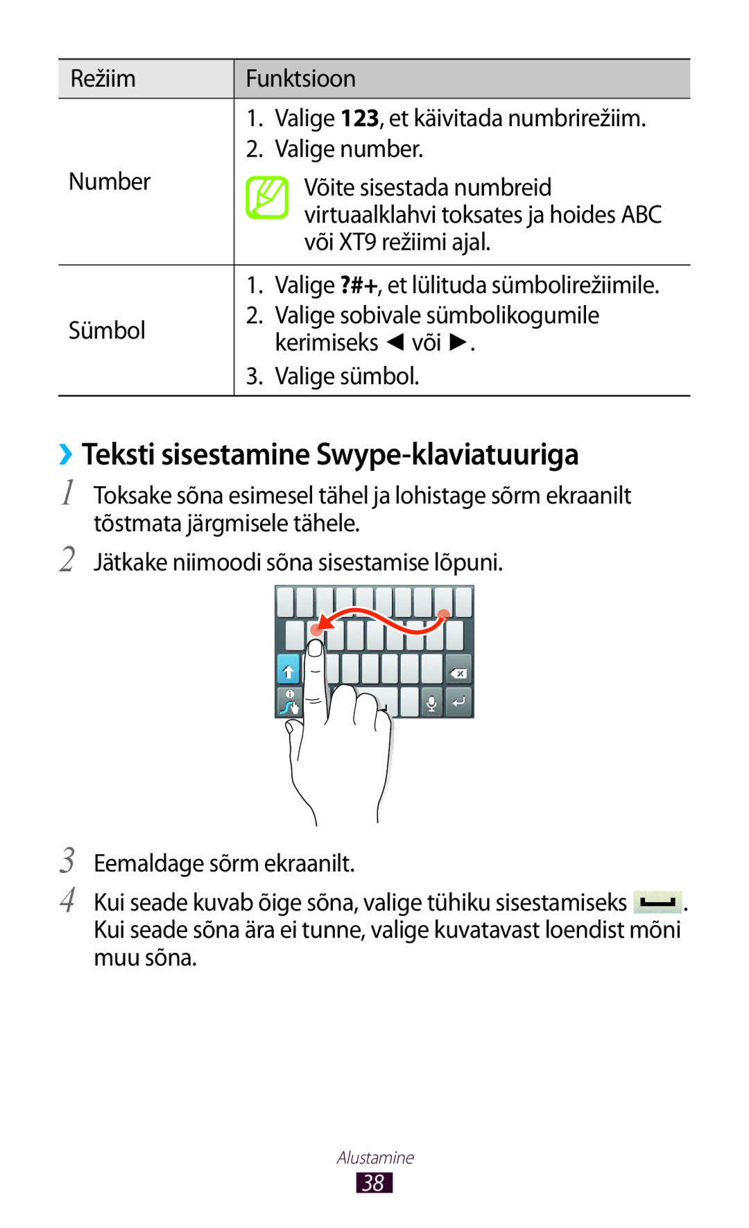 Samsung GT-S5300ZKASEB, GT-S5300ZWASEB manual ››Teksti sisestamine Swype-klaviatuuriga, Või XT9 režiimi ajal 