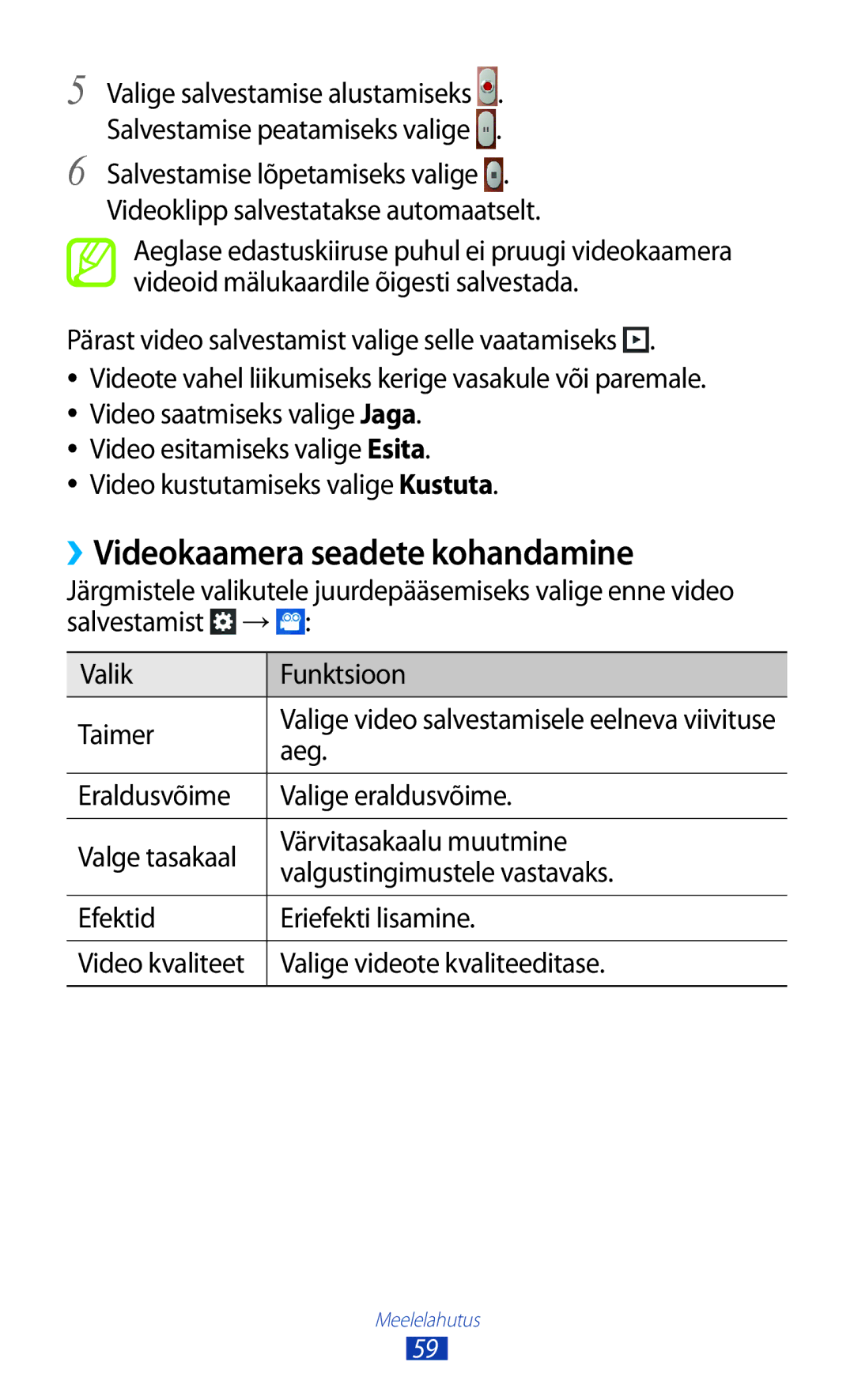 Samsung GT-S5300ZWASEB, GT-S5300ZKASEB manual ››Videokaamera seadete kohandamine, Aeg 