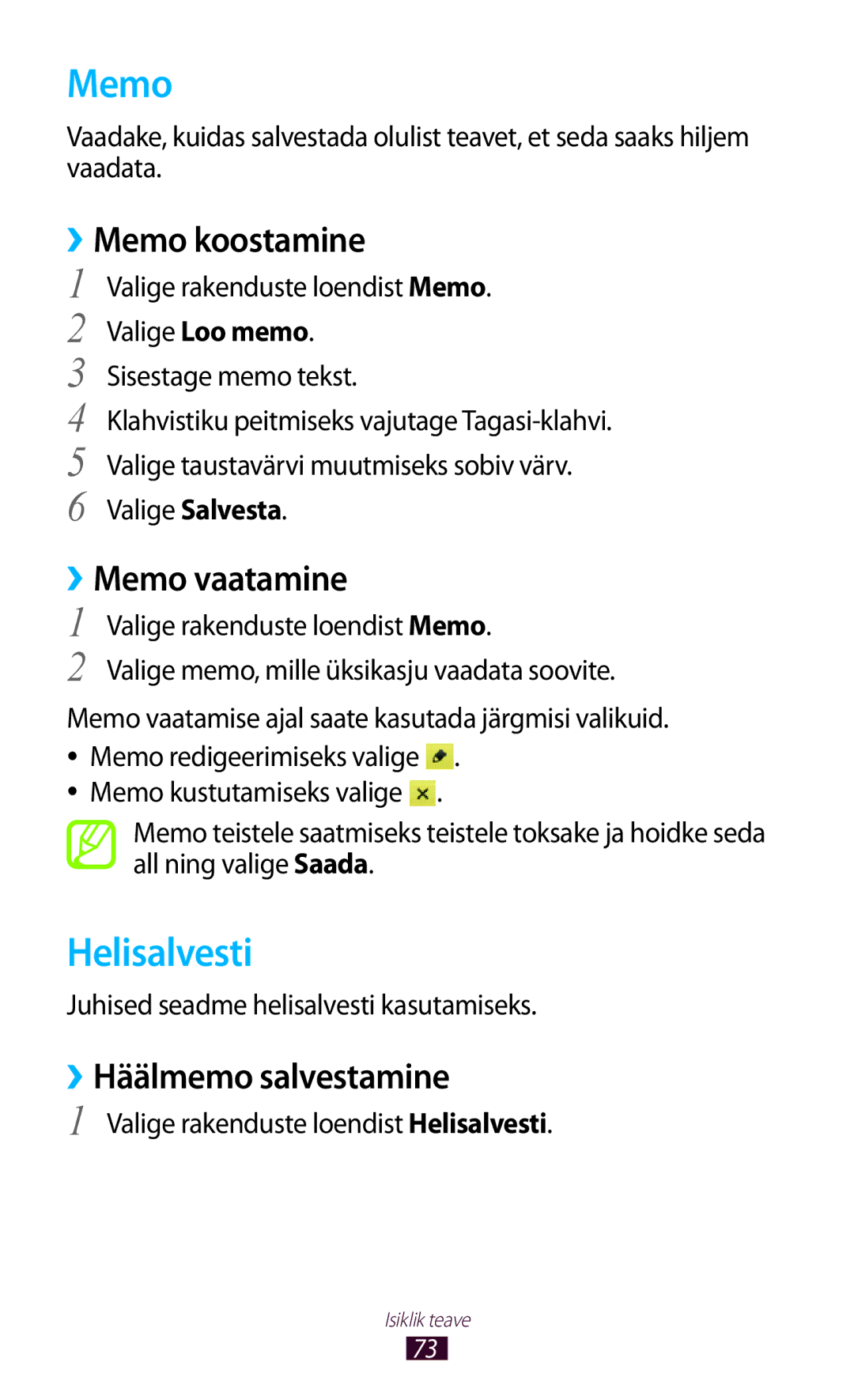 Samsung GT-S5300ZWASEB, GT-S5300ZKASEB manual Helisalvesti, ››Memo koostamine, ››Memo vaatamine, ››Häälmemo salvestamine 