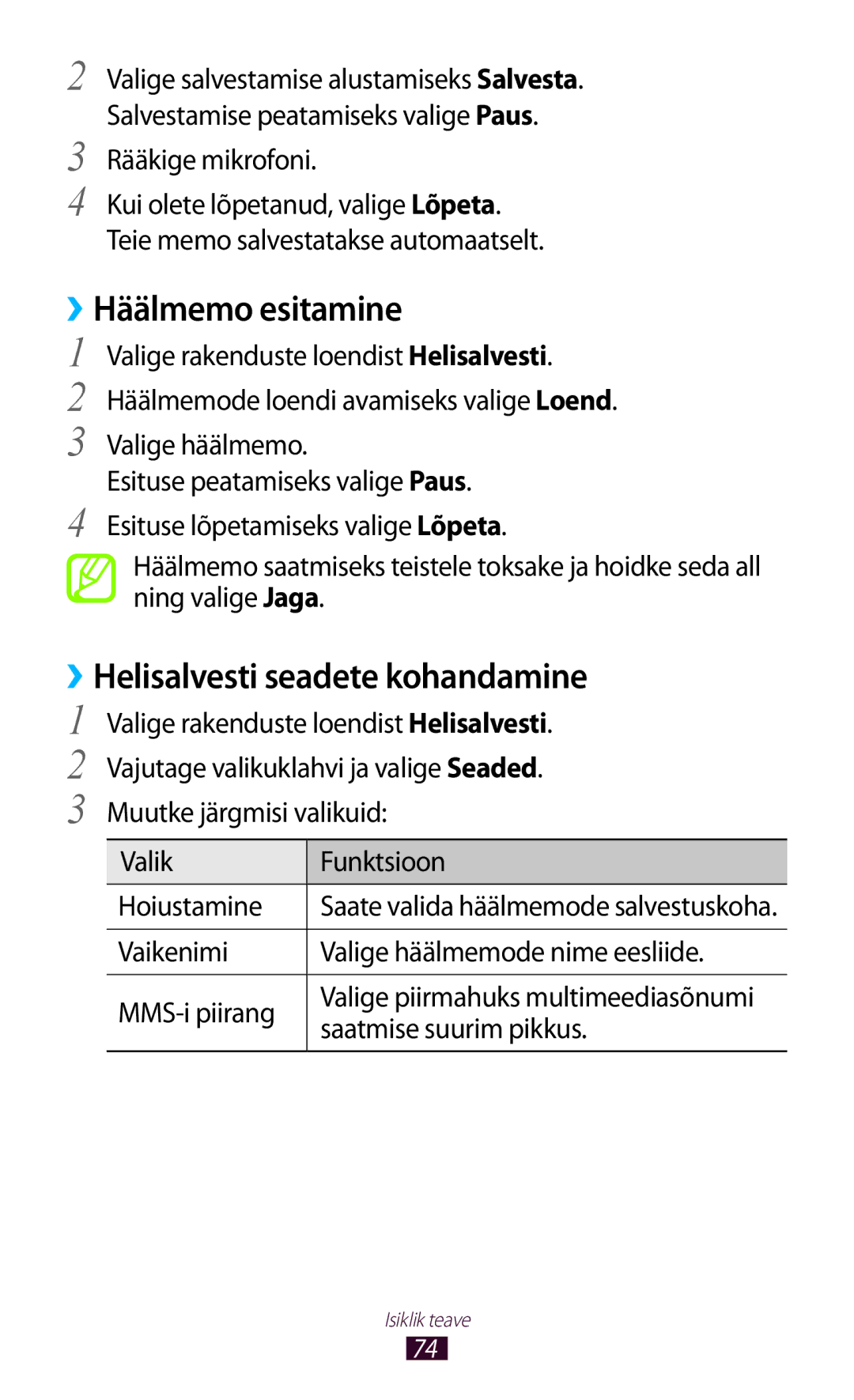 Samsung GT-S5300ZKASEB, GT-S5300ZWASEB manual ››Häälmemo esitamine, ››Helisalvesti seadete kohandamine 