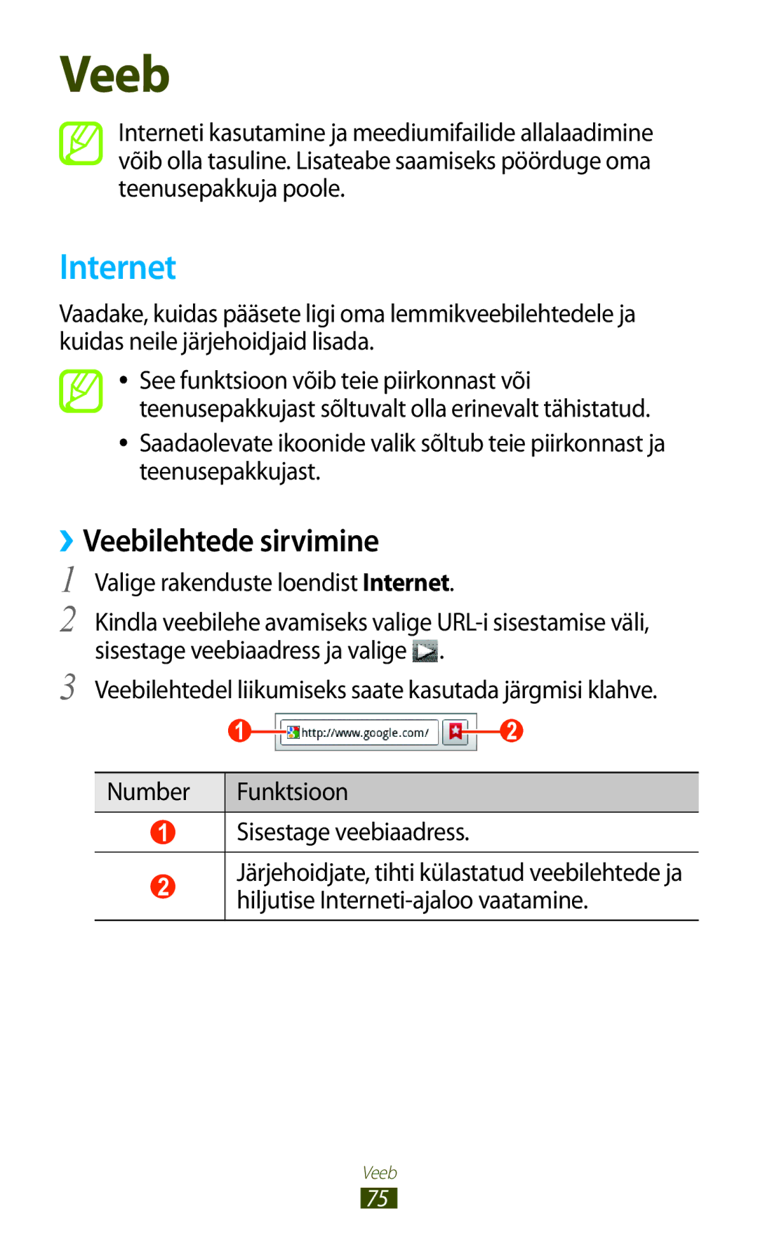 Samsung GT-S5300ZWASEB, GT-S5300ZKASEB manual ››Veebilehtede sirvimine, Valige rakenduste loendist Internet 