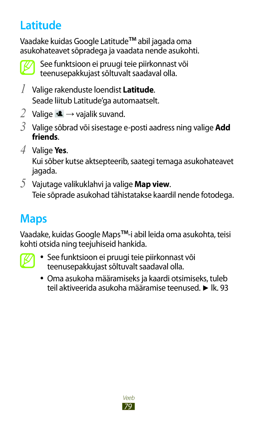 Samsung GT-S5300ZWASEB, GT-S5300ZKASEB manual Latitude, Maps, Valige → vajalik suvand, Friends 