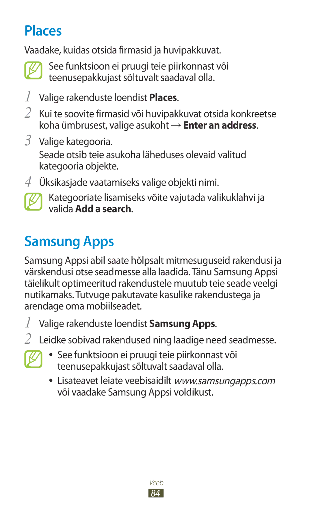 Samsung GT-S5300ZKASEB, GT-S5300ZWASEB manual Places, Samsung Apps, Vaadake, kuidas otsida firmasid ja huvipakkuvat 