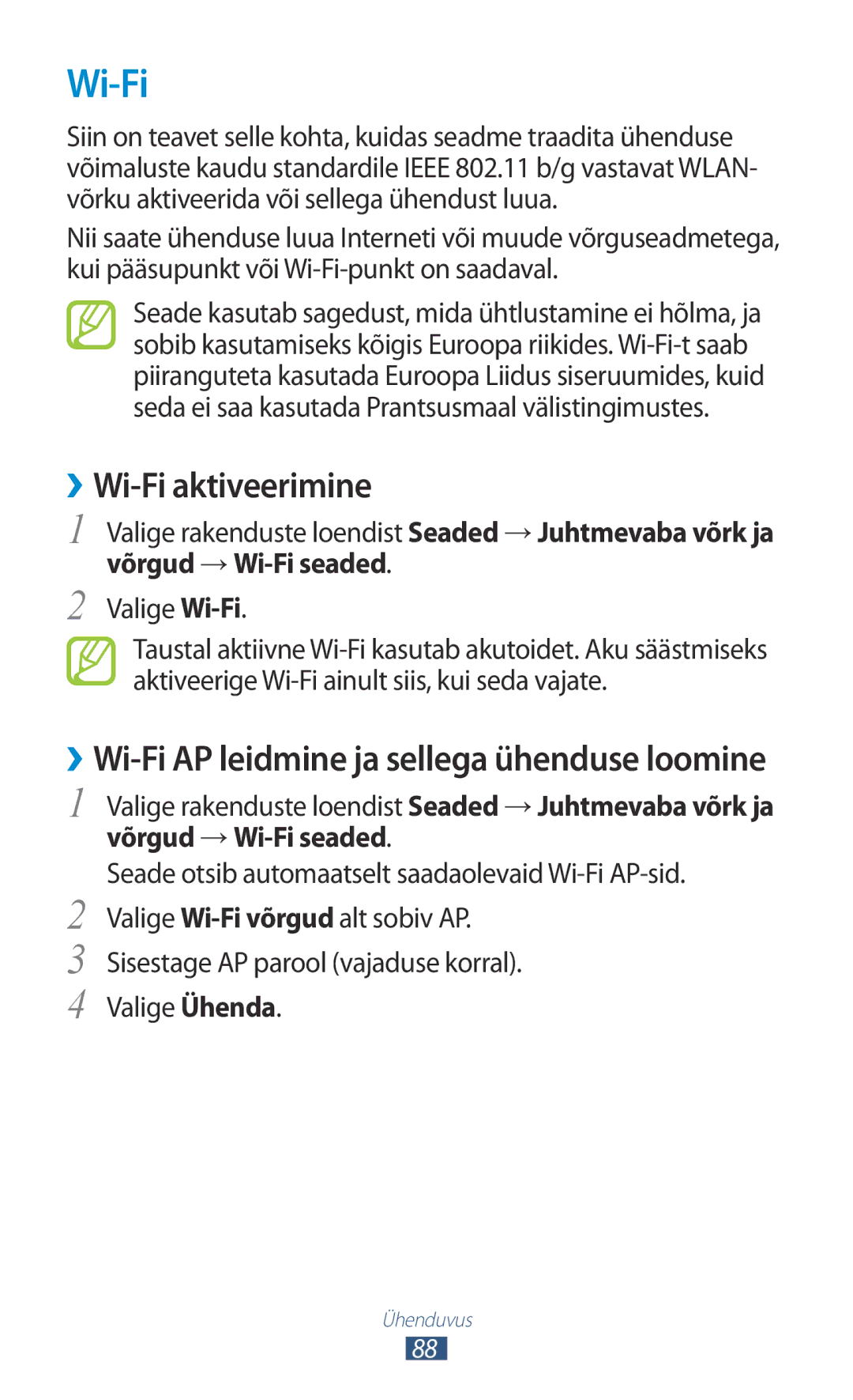 Samsung GT-S5300ZKASEB, GT-S5300ZWASEB manual ››Wi-Fi aktiveerimine, Võrgud → Wi-Fi seaded, Valige Wi-Fi 