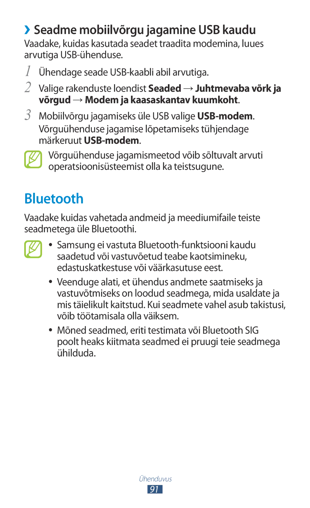 Samsung GT-S5300ZWASEB, GT-S5300ZKASEB manual Bluetooth, ››Seadme mobiilvõrgu jagamine USB kaudu 