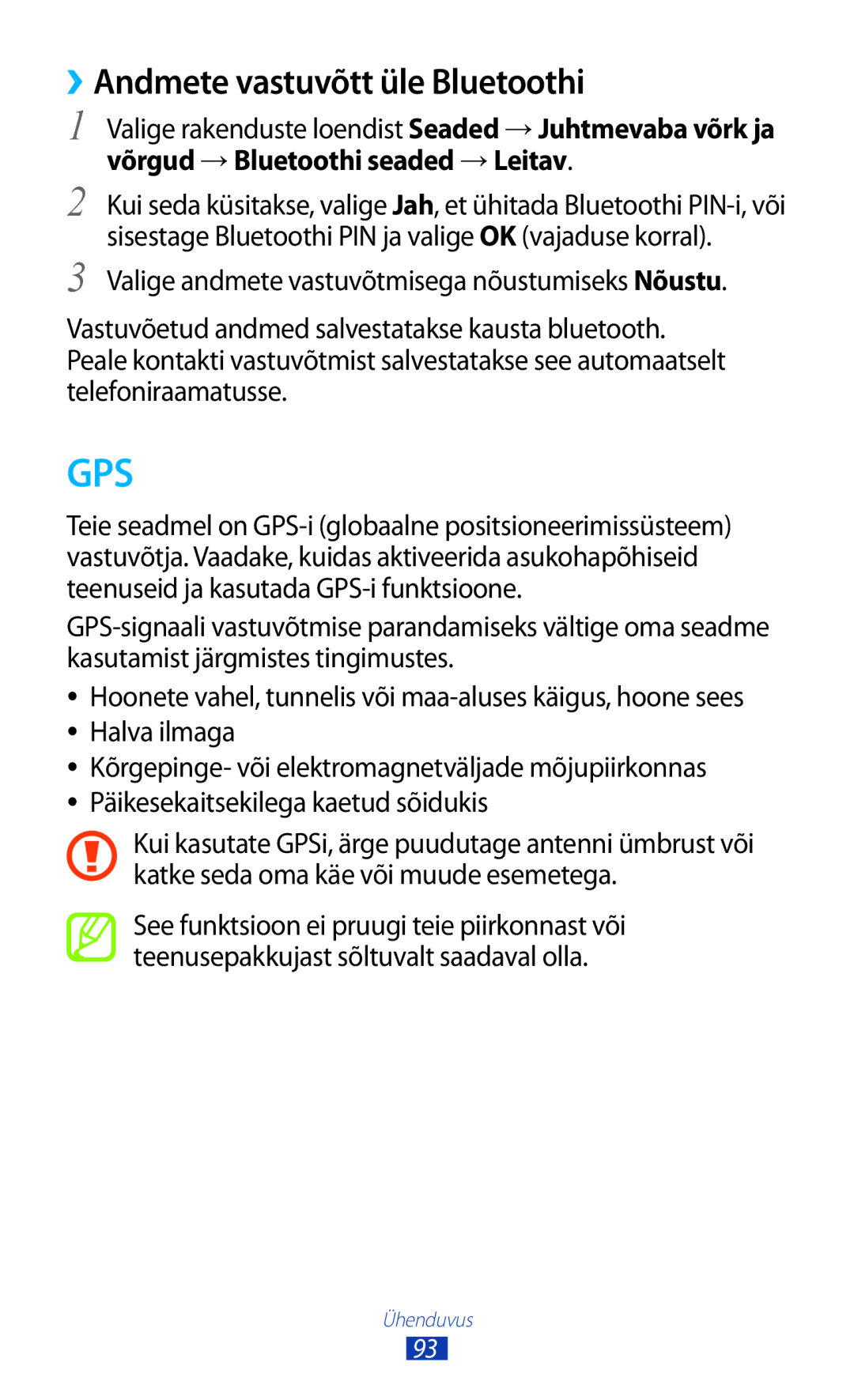 Samsung GT-S5300ZWASEB, GT-S5300ZKASEB manual Gps, ››Andmete vastuvõtt üle Bluetoothi 