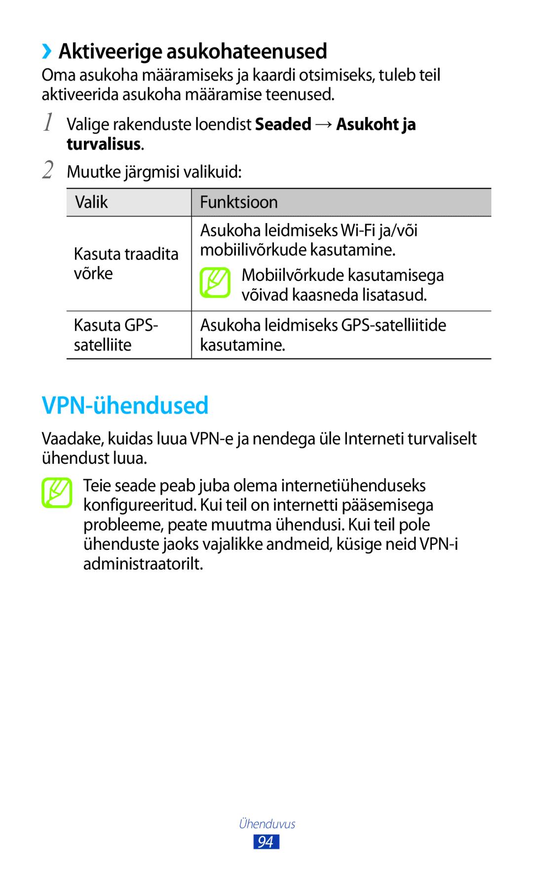 Samsung GT-S5300ZKASEB, GT-S5300ZWASEB manual VPN-ühendused, ››Aktiveerige asukohateenused, Mobiilivõrkude kasutamine 