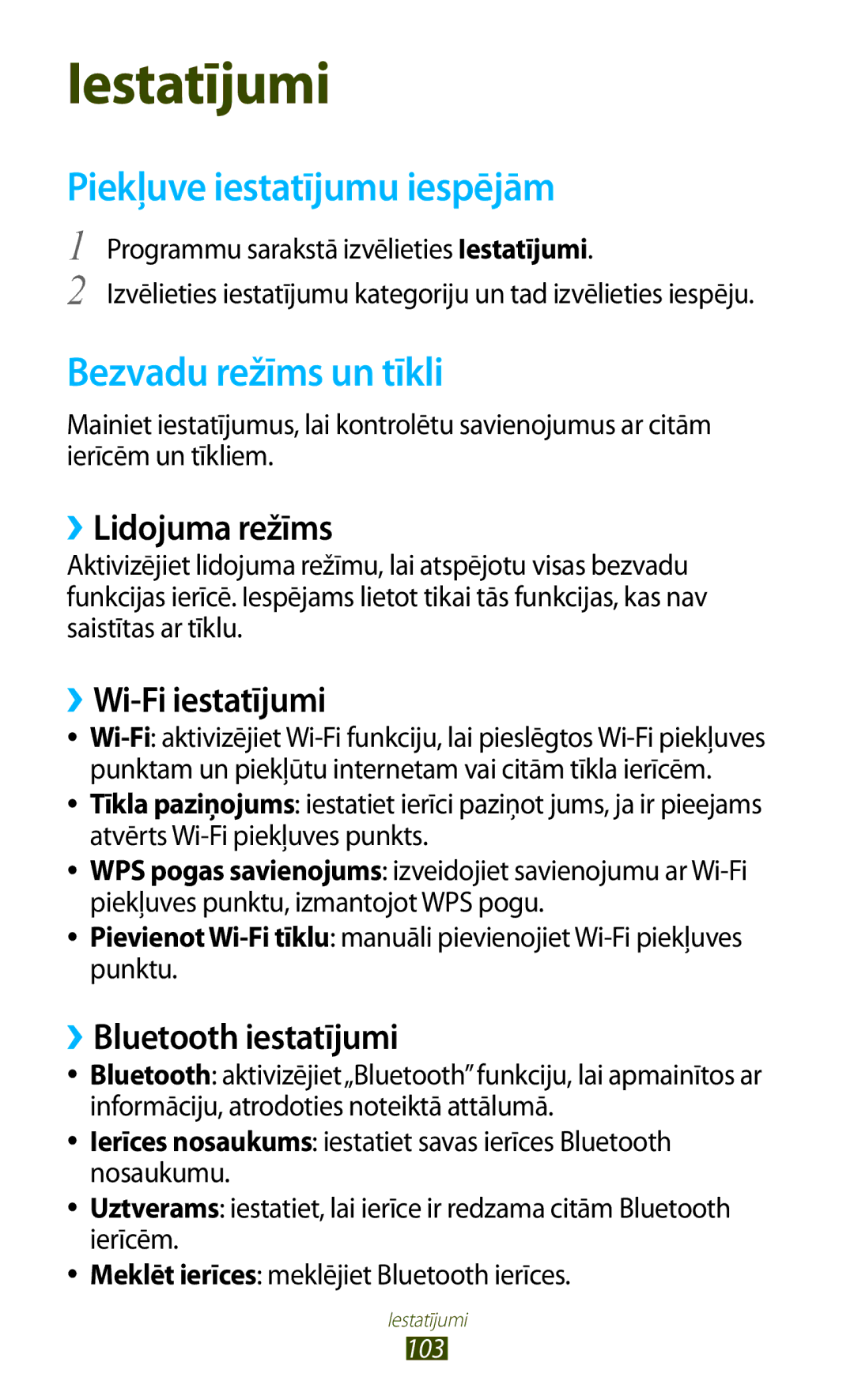 Samsung GT-S5300ZWASEB Piekļuve iestatījumu iespējām, Bezvadu režīms un tīkli, ››Lidojuma režīms, ››Wi-Fi iestatījumi 