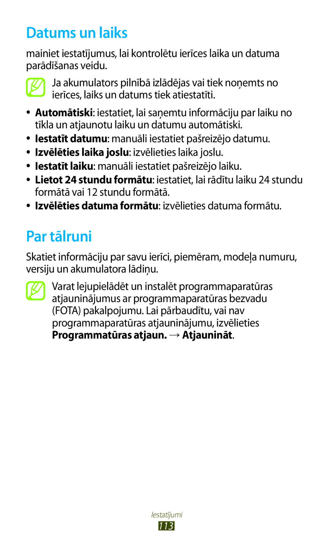 Samsung GT-S5300ZWASEB, GT-S5300ZKASEB manual Datums un laiks, Par tālruni, Programmatūras atjaun. → Atjaunināt 