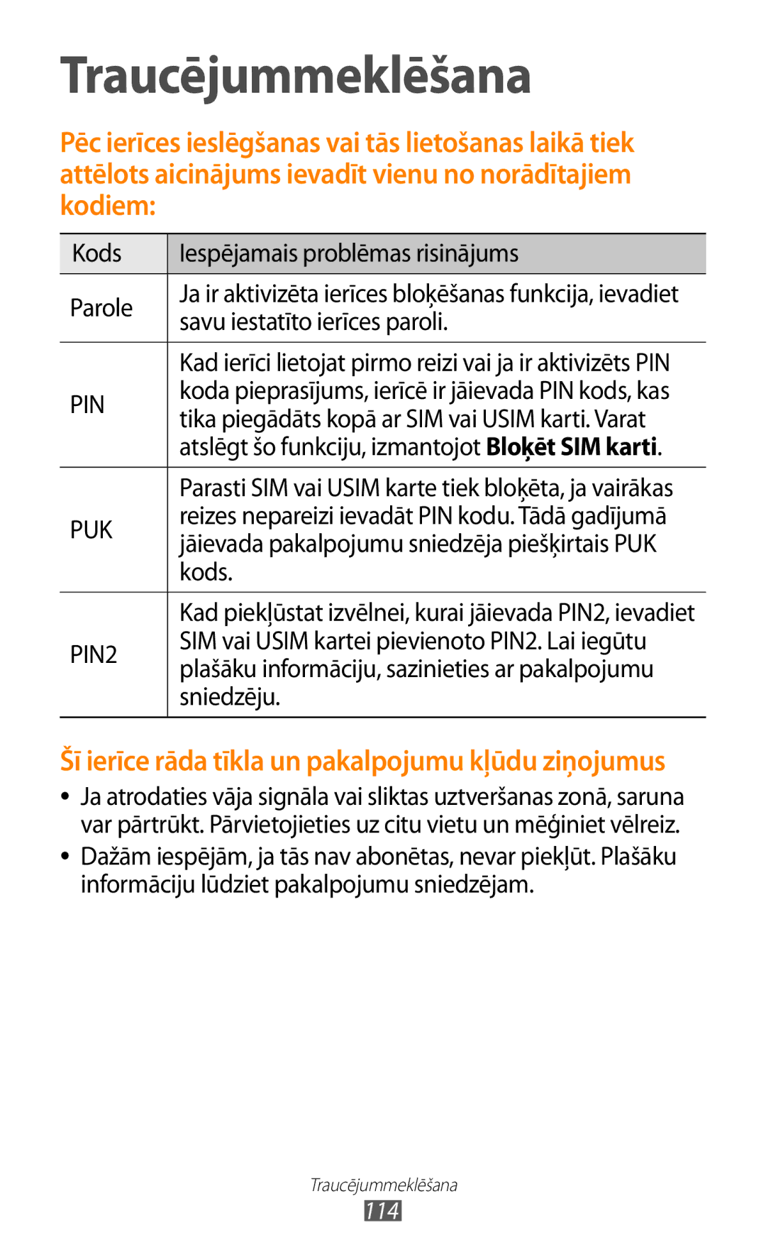 Samsung GT-S5300ZKASEB manual Kods Iespējamais problēmas risinājums Parole, Savu iestatīto ierīces paroli, Sniedzēju 