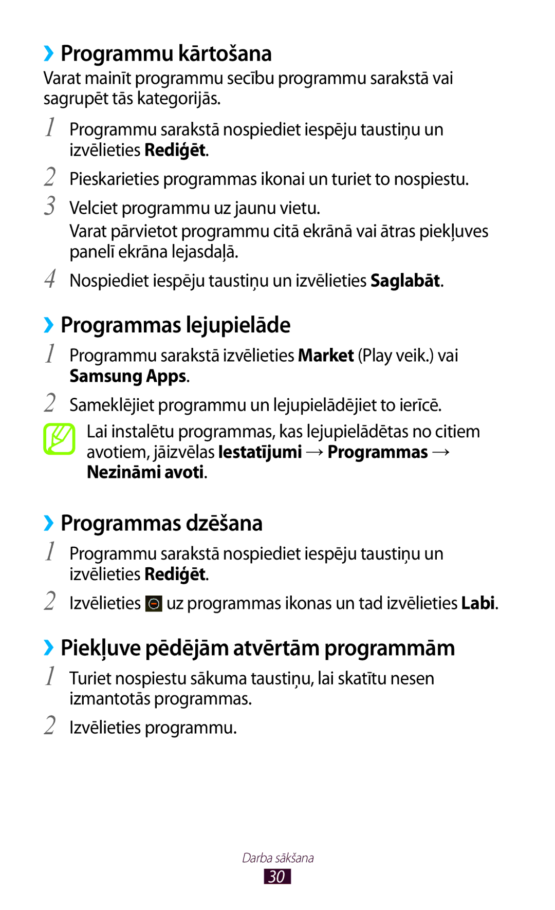 Samsung GT-S5300ZKASEB, GT-S5300ZWASEB ››Programmu kārtošana, ››Programmas lejupielāde, ››Programmas dzēšana, Samsung Apps 