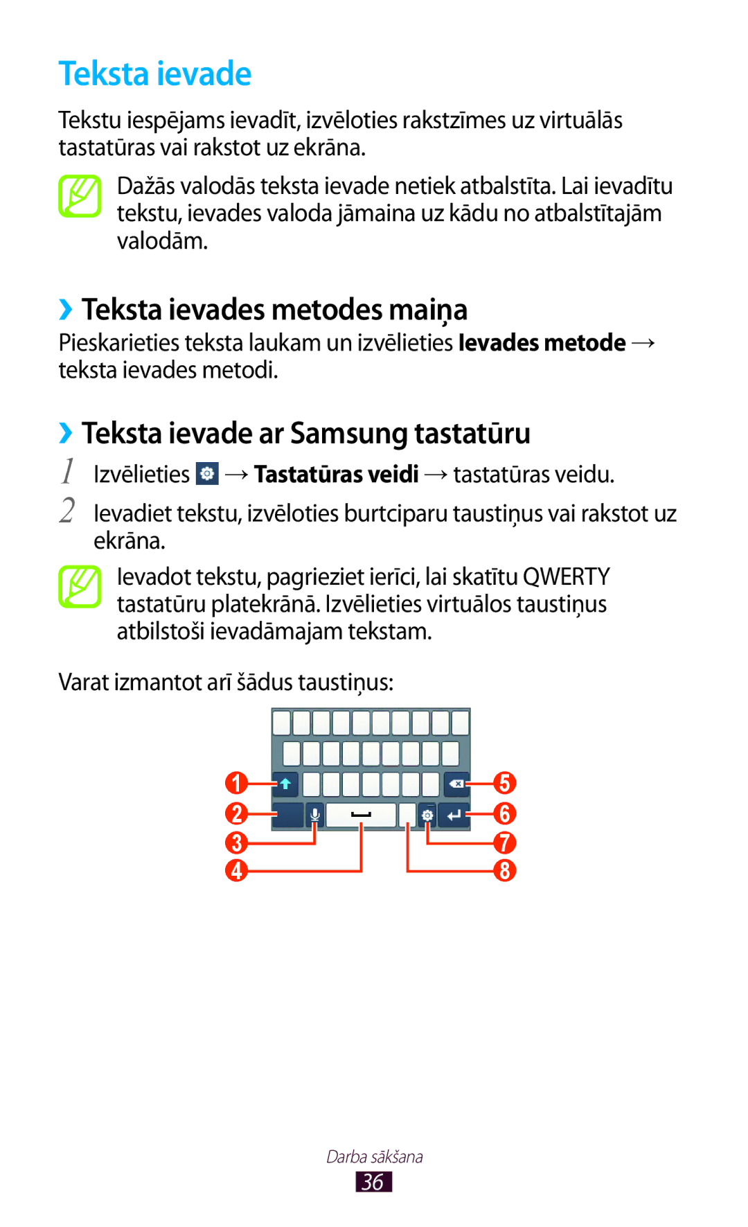 Samsung GT-S5300ZKASEB, GT-S5300ZWASEB manual ››Teksta ievades metodes maiņa, ››Teksta ievade ar Samsung tastatūru 