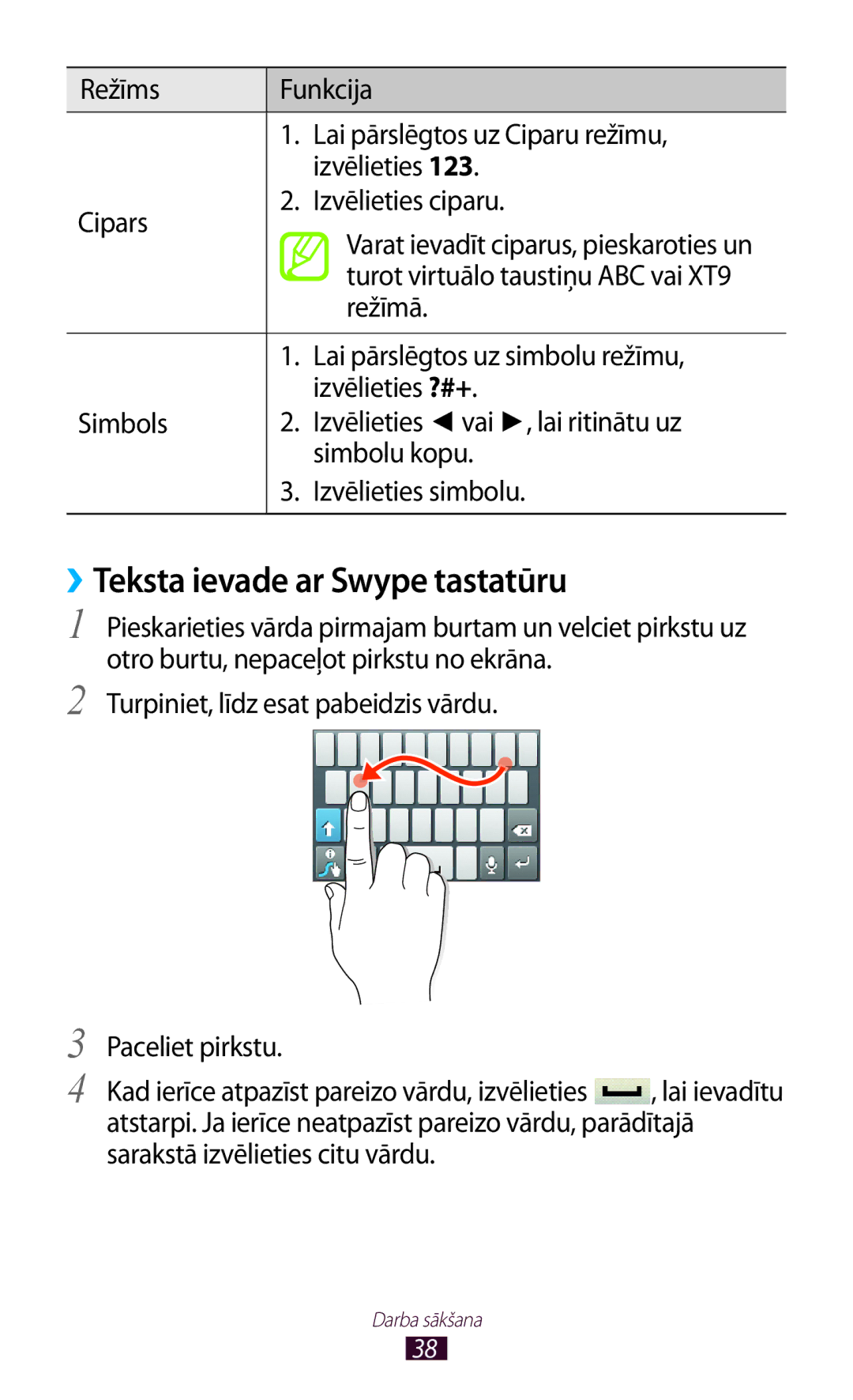 Samsung GT-S5300ZKASEB ››Teksta ievade ar Swype tastatūru, Turot virtuālo taustiņu ABC vai XT9, Režīmā, Izvēlieties ?#+ 