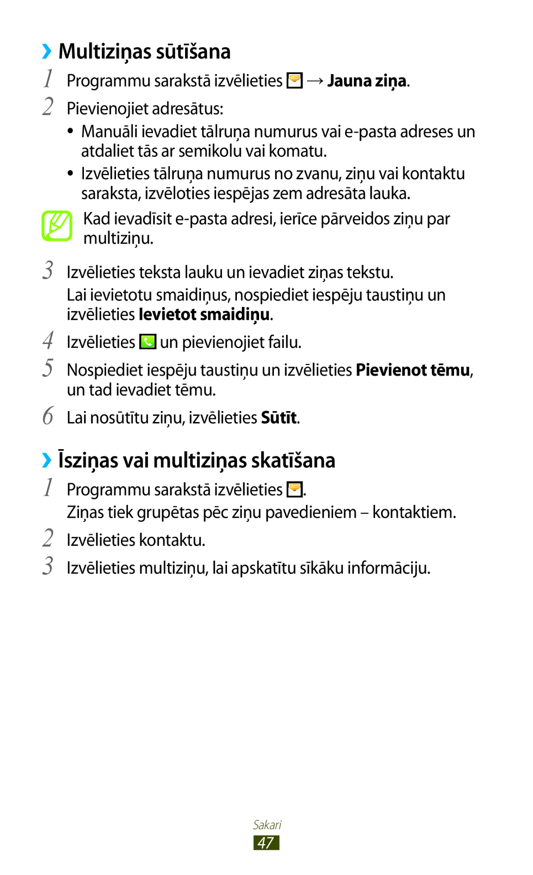 Samsung GT-S5300ZWASEB, GT-S5300ZKASEB manual ››Multiziņas sūtīšana, ››Īsziņas vai multiziņas skatīšana 