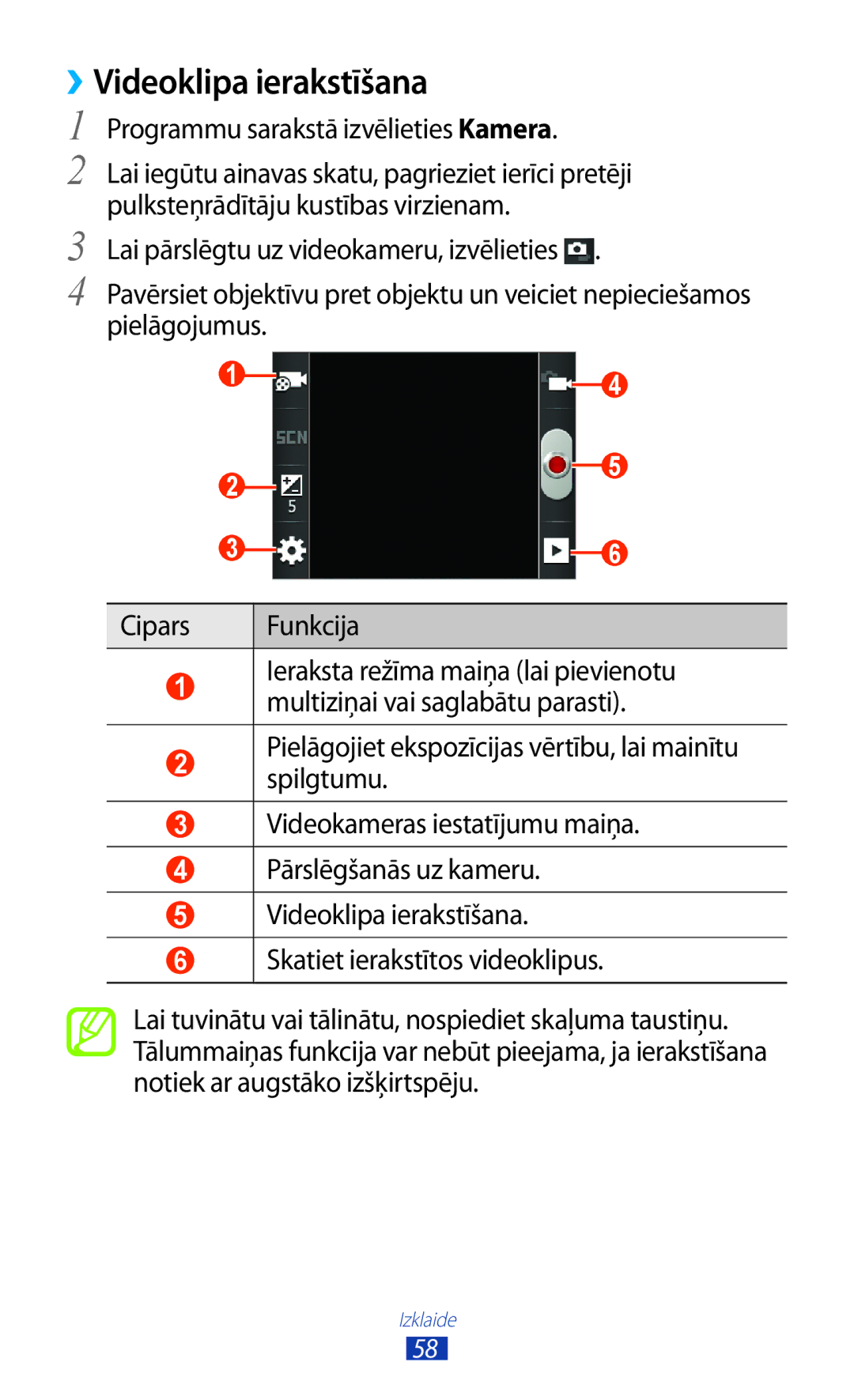 Samsung GT-S5300ZKASEB, GT-S5300ZWASEB manual ››Videoklipa ierakstīšana, Programmu sarakstā izvēlieties Kamera 