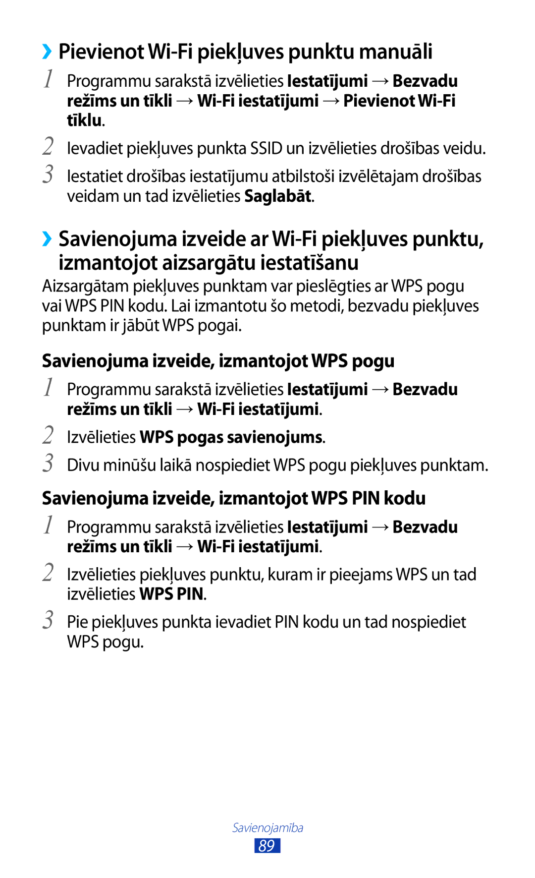 Samsung GT-S5300ZWASEB, GT-S5300ZKASEB manual ››Pievienot Wi-Fi piekļuves punktu manuāli, Izvēlieties WPS pogas savienojums 