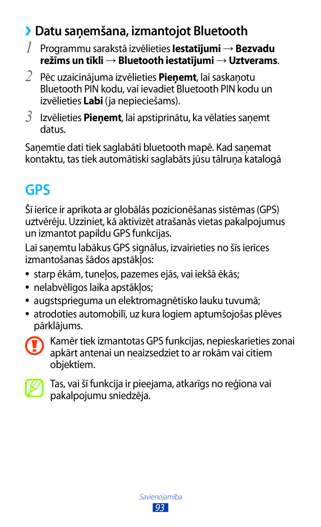 Samsung GT-S5300ZWASEB, GT-S5300ZKASEB manual Gps, ››Datu saņemšana, izmantojot Bluetooth 