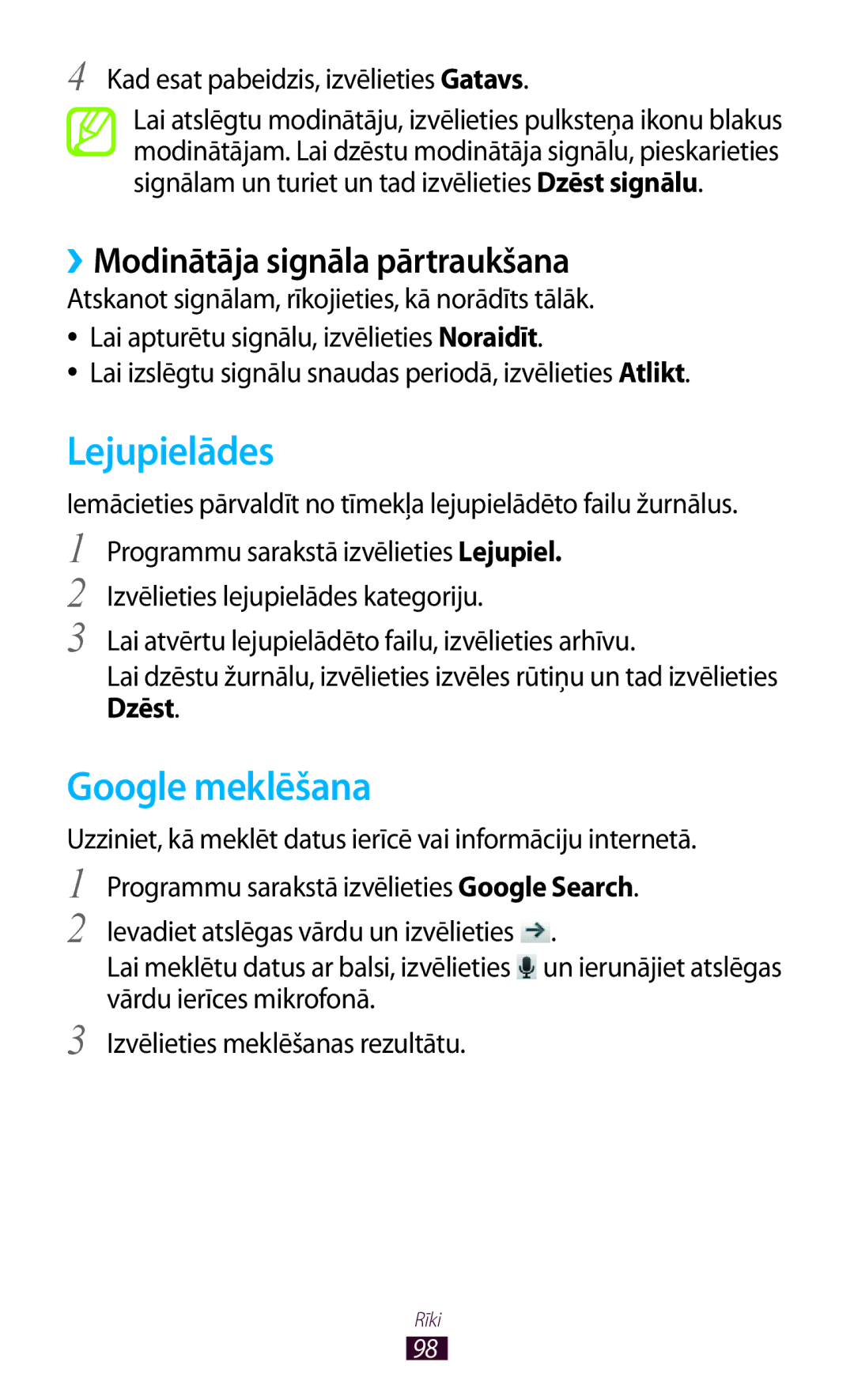 Samsung GT-S5300ZKASEB, GT-S5300ZWASEB manual Lejupielādes, Google meklēšana, ››Modinātāja signāla pārtraukšana 