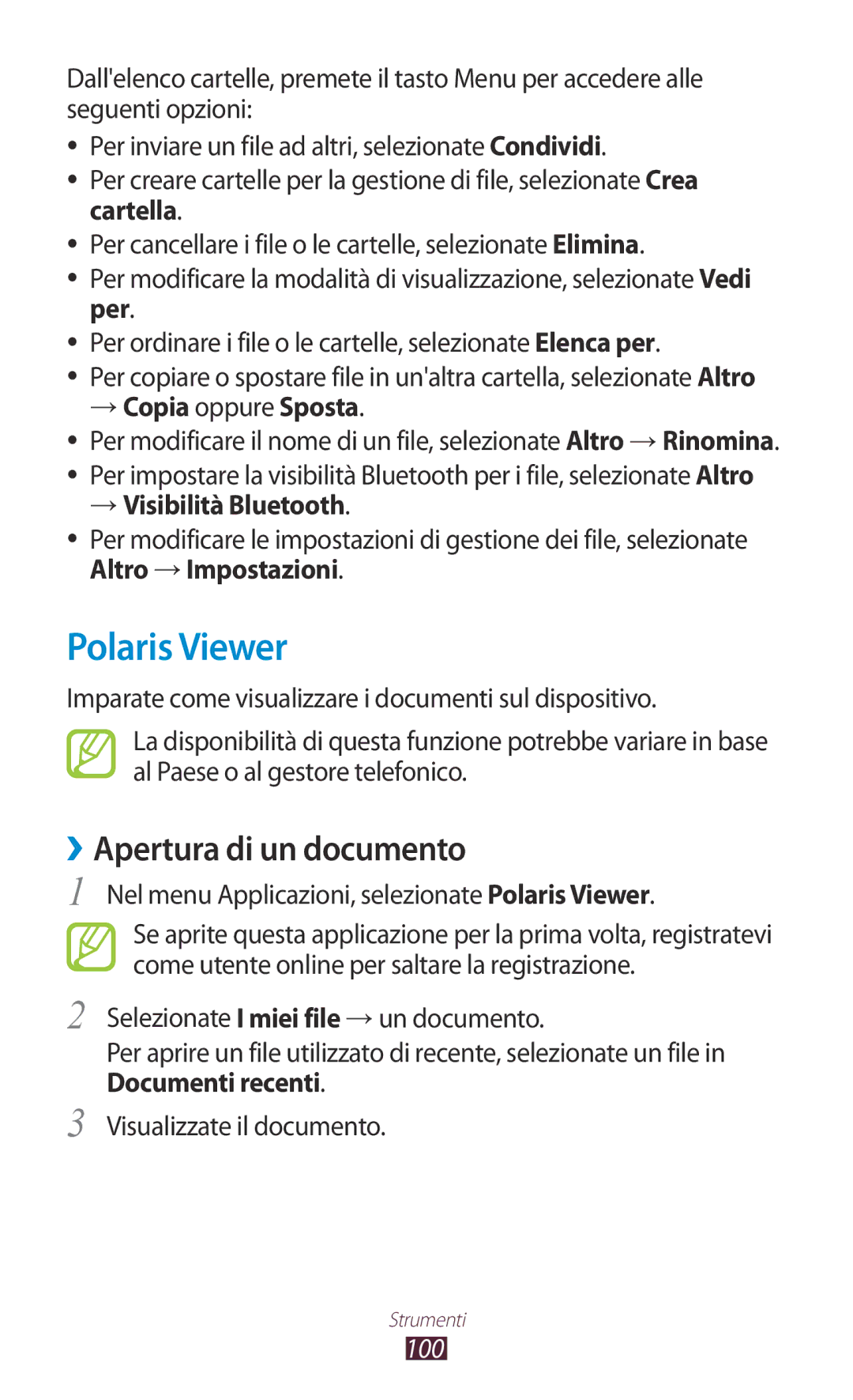 Samsung GT-S5300ZWATIM manual Polaris Viewer, ››Apertura di un documento, → Copia oppure Sposta, → Visibilità Bluetooth 