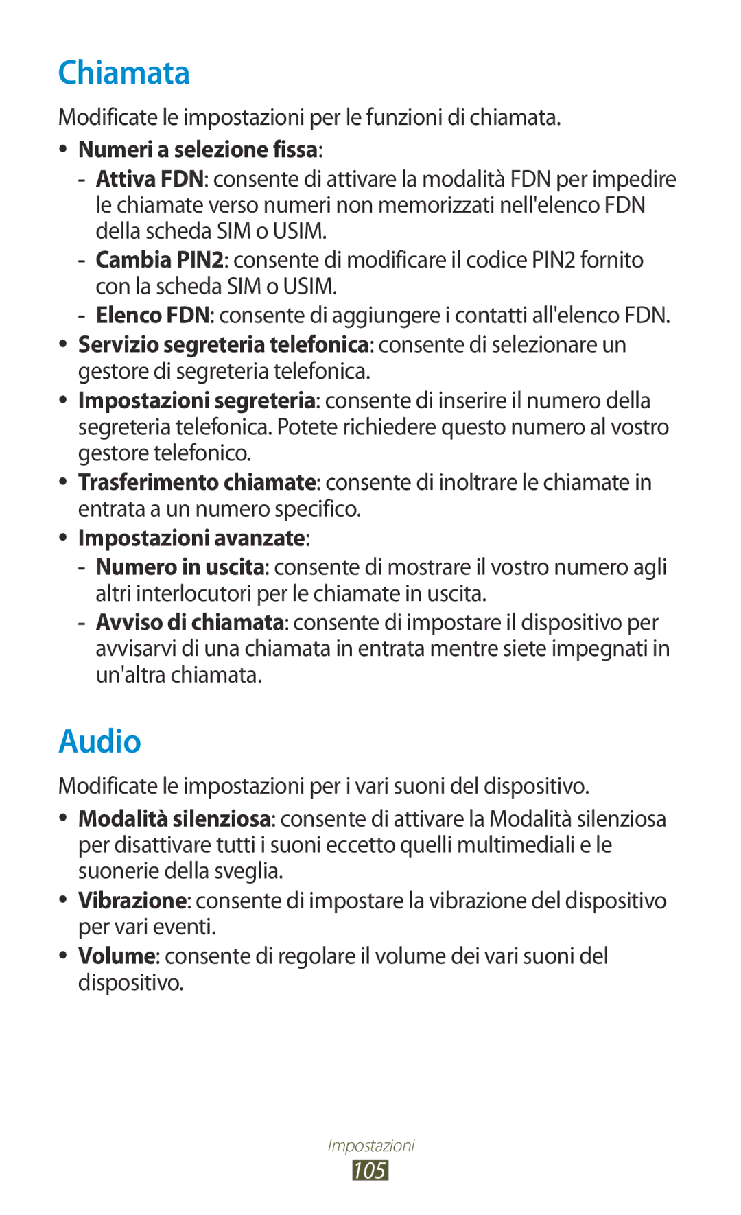 Samsung GT-S5300ZKATUR manual Audio, Modificate le impostazioni per le funzioni di chiamata, Impostazioni avanzate, 105 