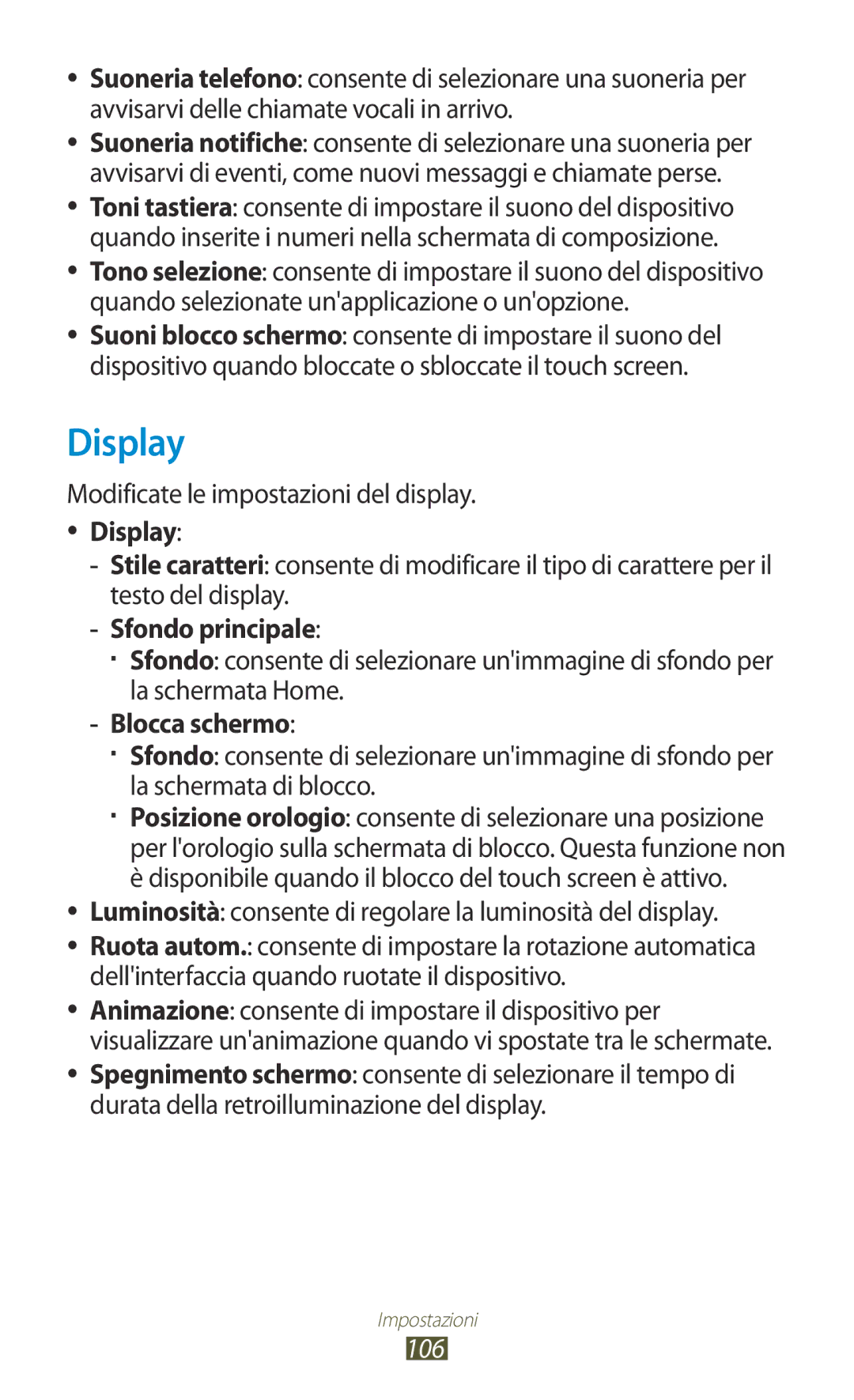 Samsung GT-S5300ZIATIM, GT-S5300ZKATUR, GT-S5300ZWATIM, GT-S5300ZKATIM manual Display, Sfondo principale, Blocca schermo, 106 